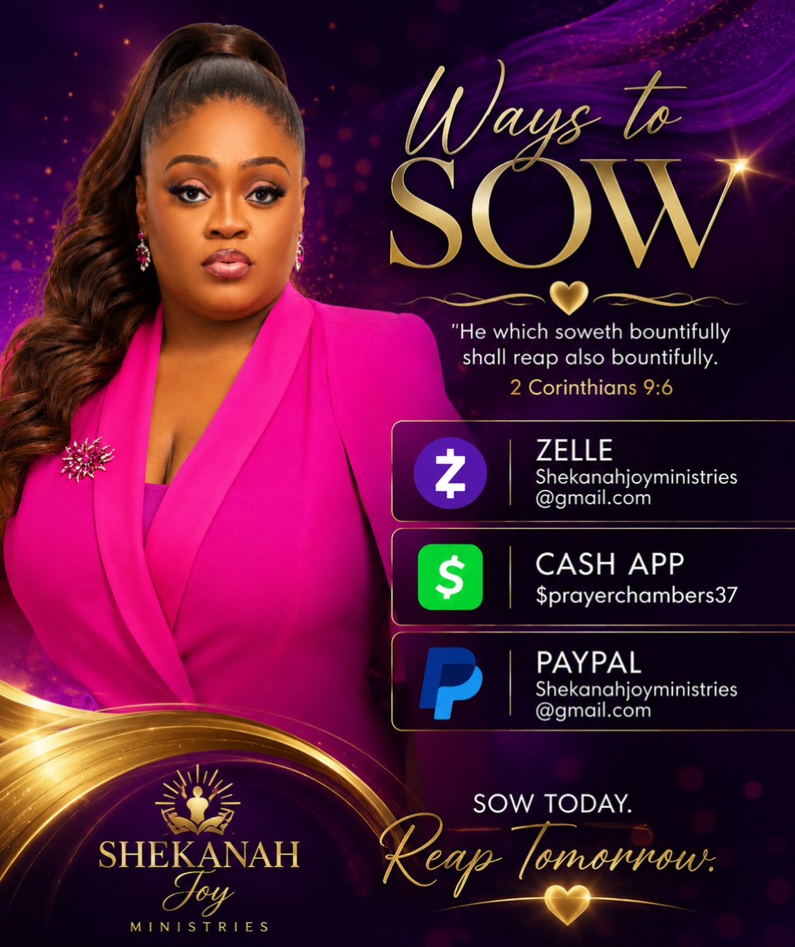 Woman in pink blazer with text about sowing and reaping, and contact information for ministry services.