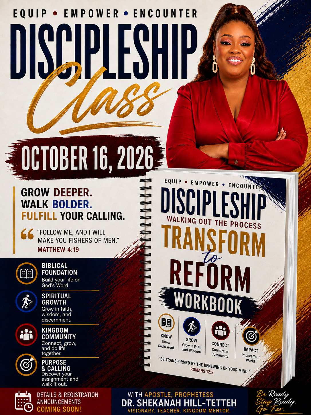 Woman in red blazer smiling, Discipleship Class poster, October 16, 2026, Bible and workbook images, inspirational message.