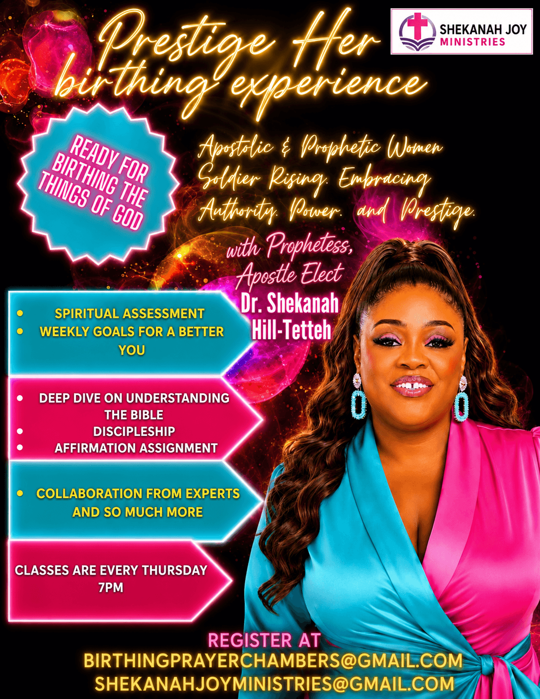 Woman with long hair wearing a pink and blue outfit, smiling, with colorful text and graphics about a birthing experience event.
