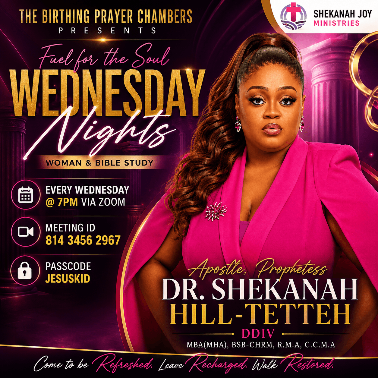 Woman in pink blazer with long hair, promotional poster for Wednesday night prayer and Bible study event.