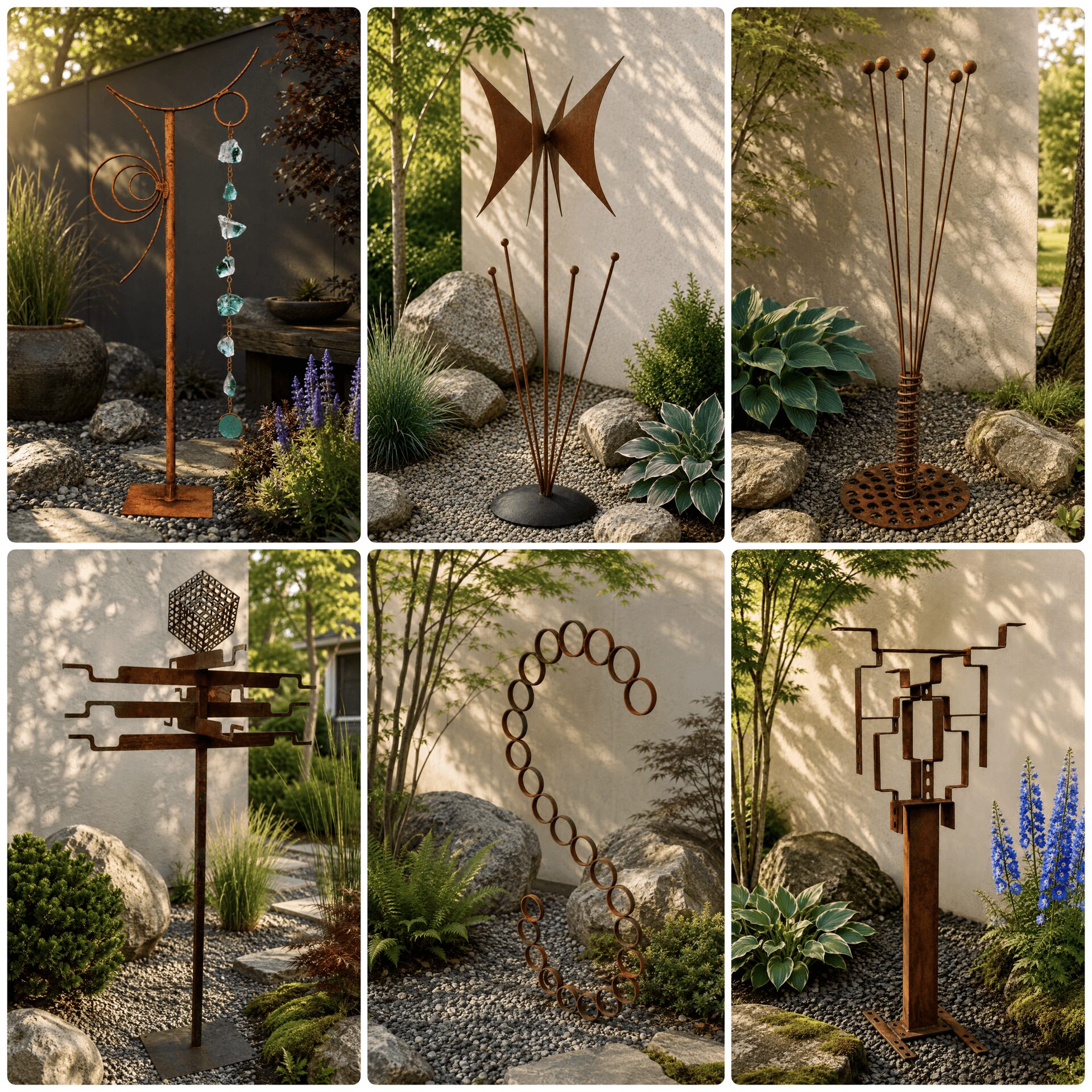 Six outdoor sculptures with geometric and abstract designs on stands, surrounded by plants and rocks.