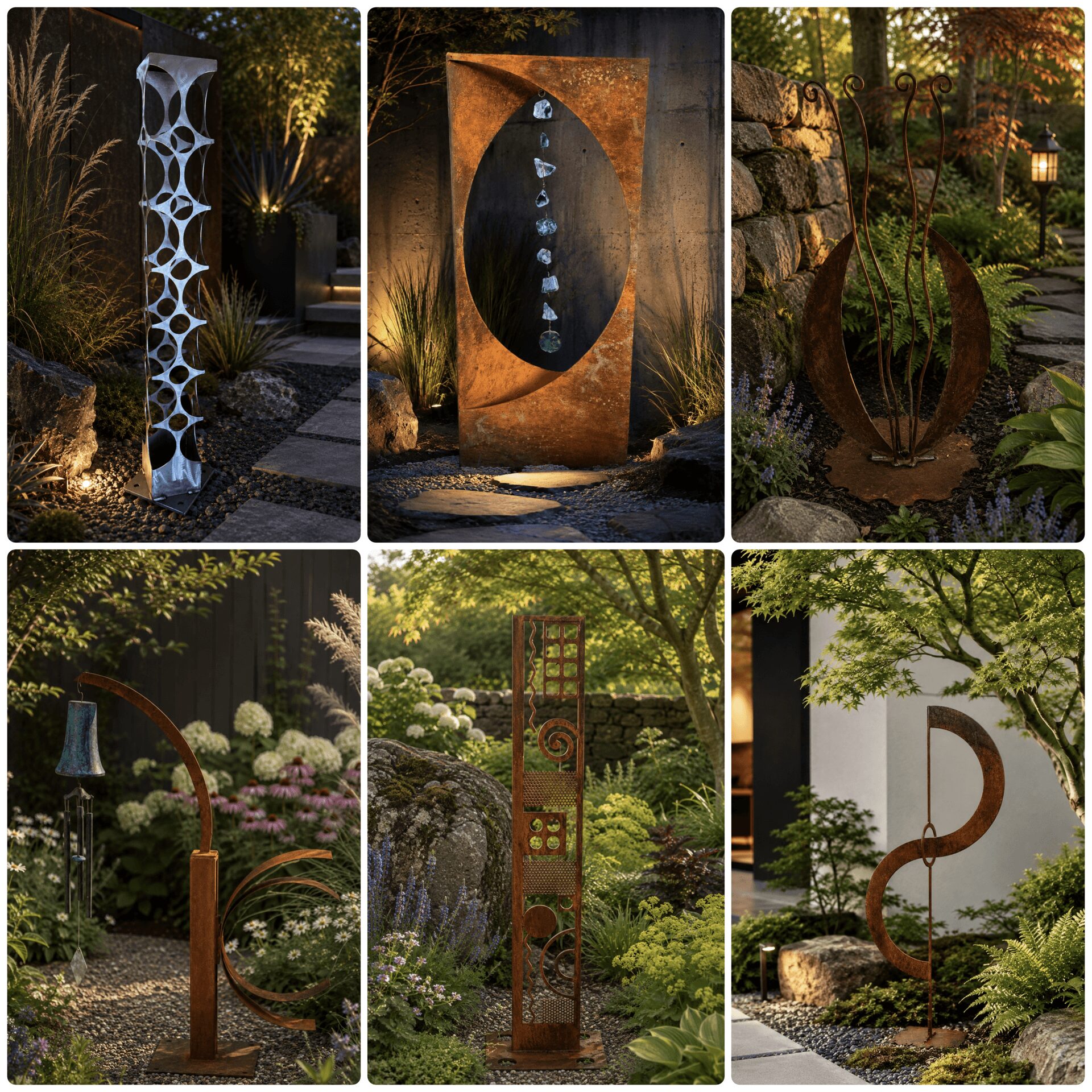 Six outdoor sculptures in garden settings, featuring abstract and geometric designs with natural backgrounds.