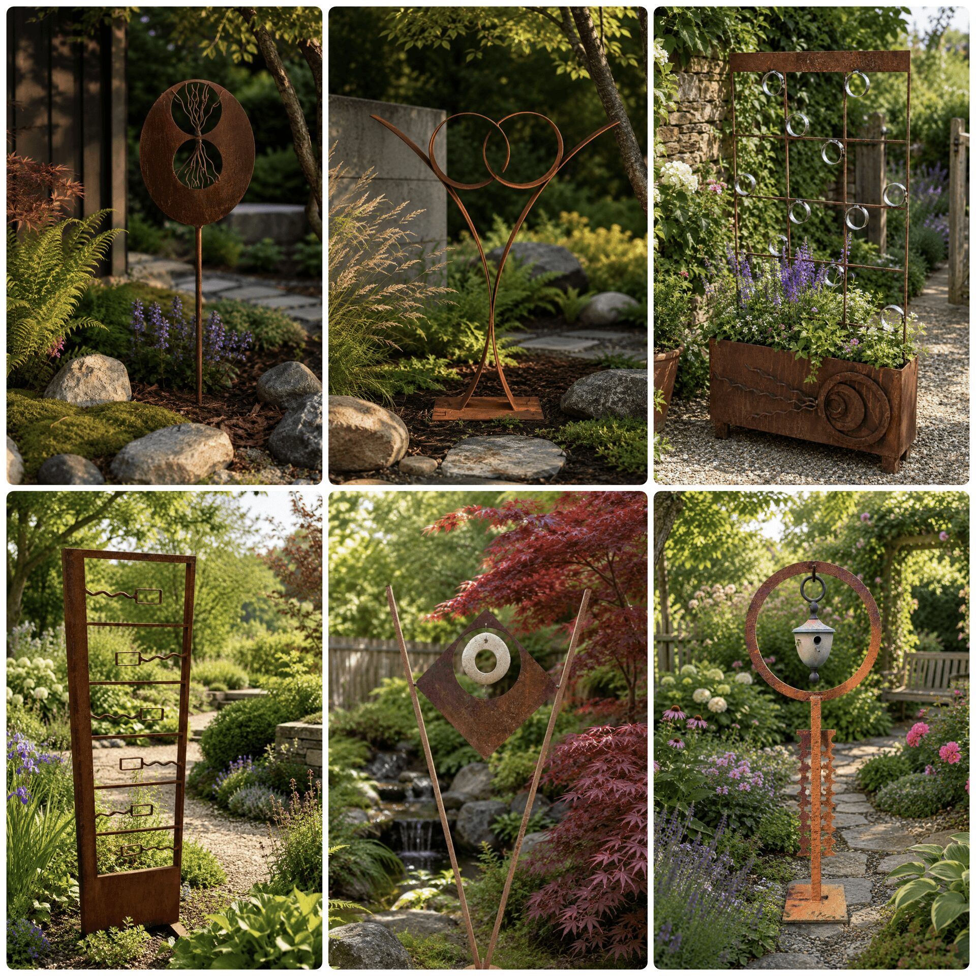 Six garden sculptures with various shapes and designs in a lush garden setting, including circular, geometric, and abstract forms.