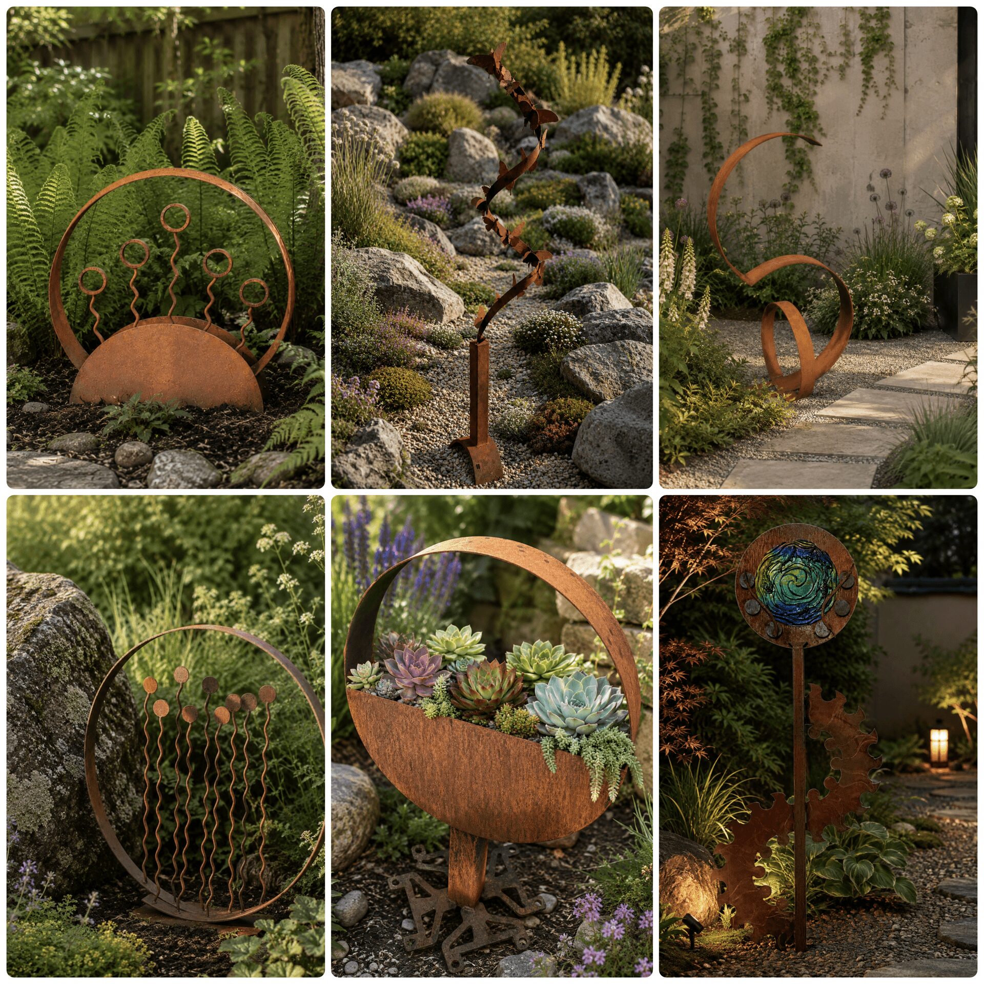 Six garden sculptures made of metal, with plants and rocks in the background, some with circular and curved shapes.