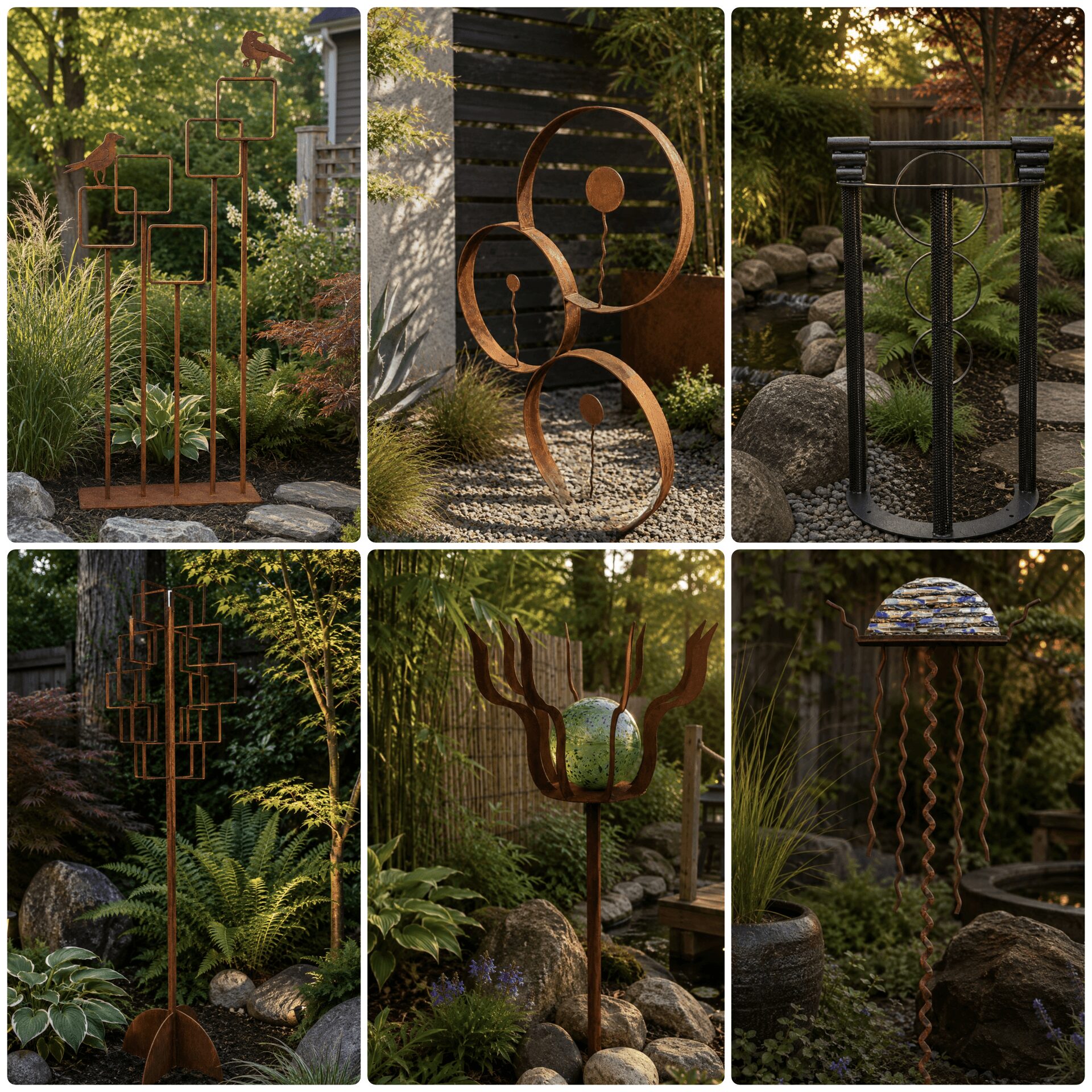 Six garden sculptures with metal designs among plants and rocks, including geometric, circular, and abstract shapes.