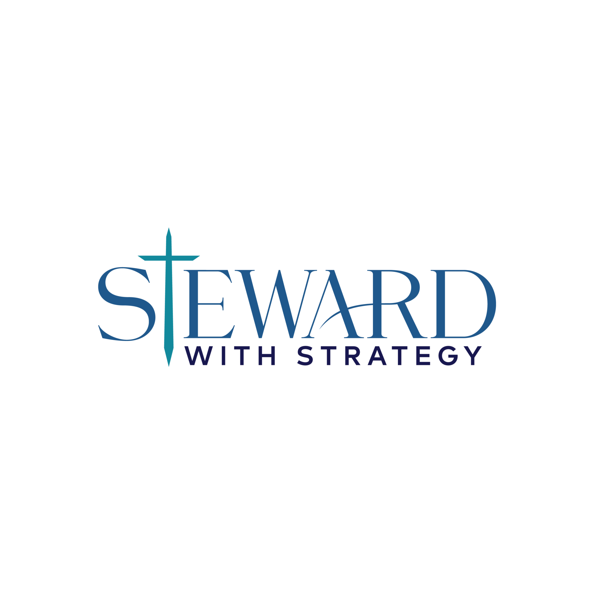 Logo with a cross integrated into the letter 'T' and the text 'Steward with Strategy' in blue on a black background.