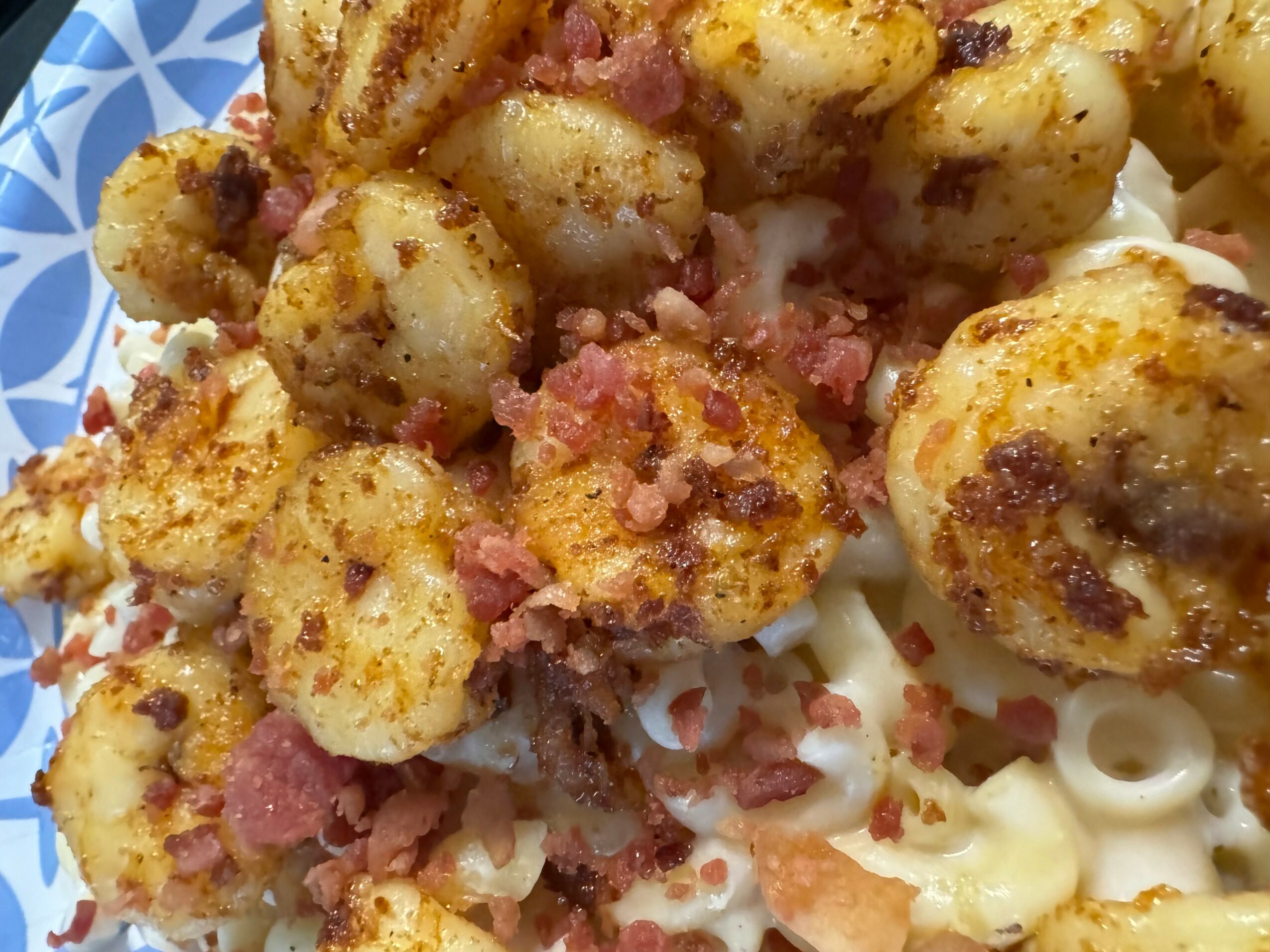 Close-up of fried shrimp with seasoning and bits of bacon on a patterned plate.