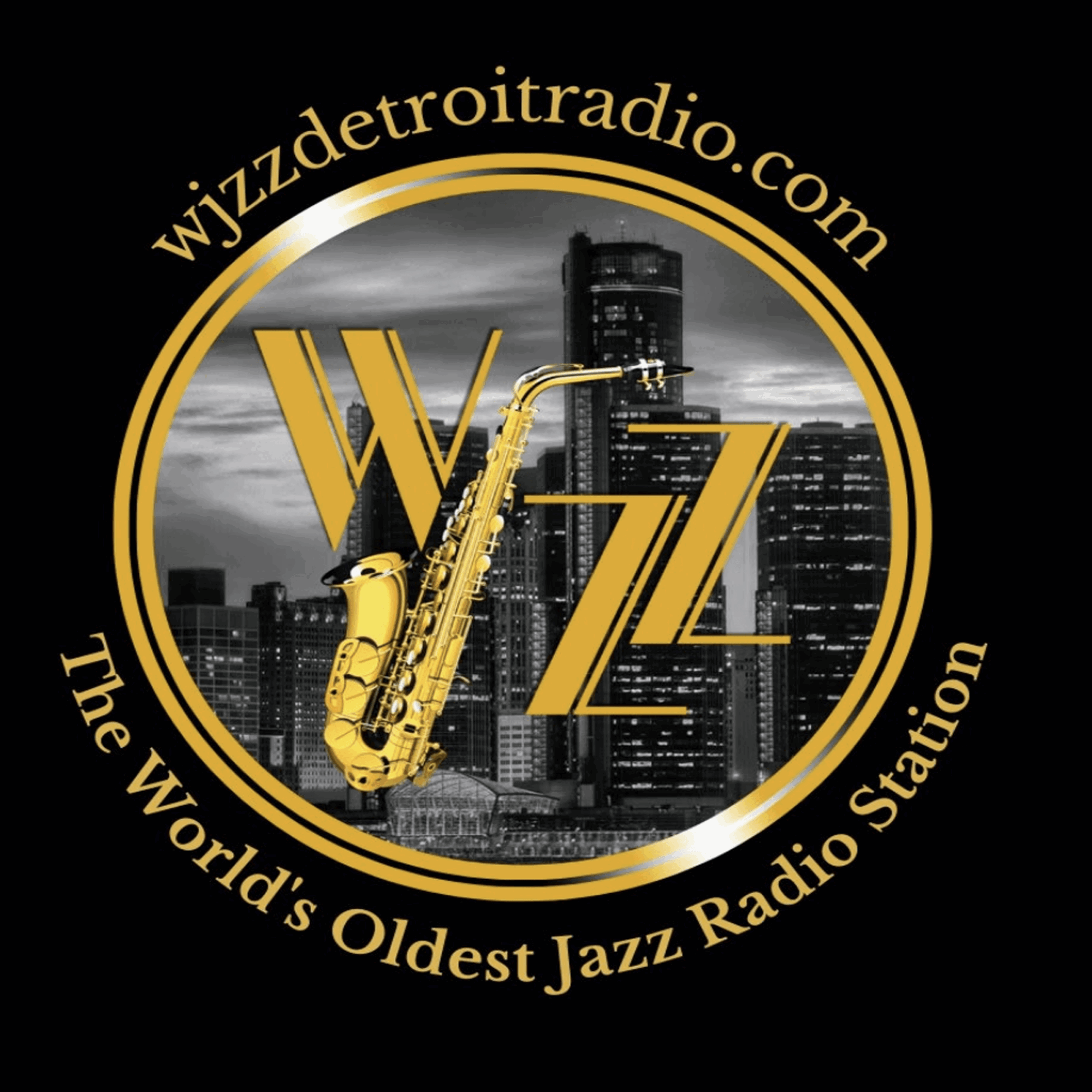 Logo with saxophone, city skyline, and text for Wizz Detroit Radio, the oldest jazz radio station.