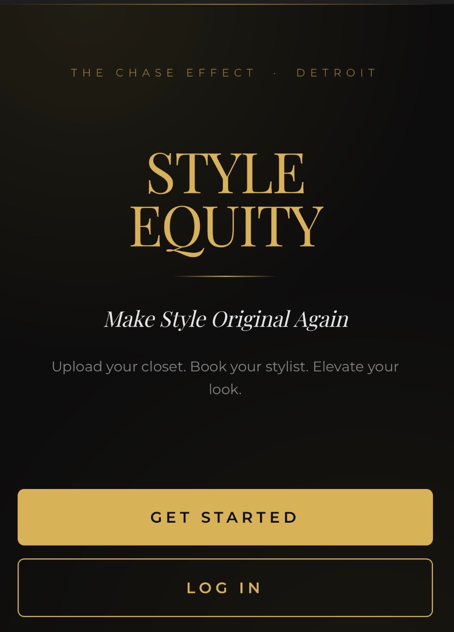 Black background with gold and white text promoting style and fashion, including a call-to-action button and login option.