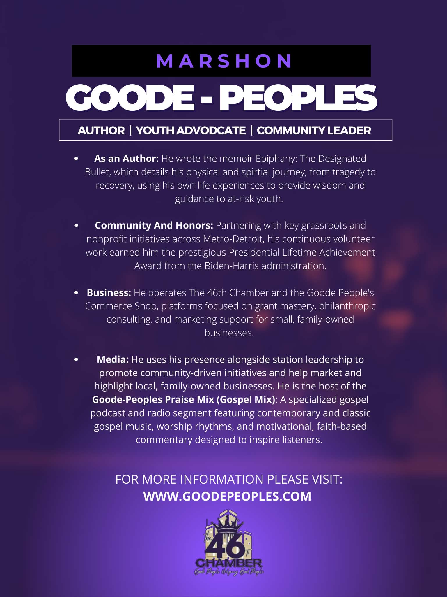 Marshon Goode-Peoples biography with purple and white text on a dark background, including author, community, business, and media details.