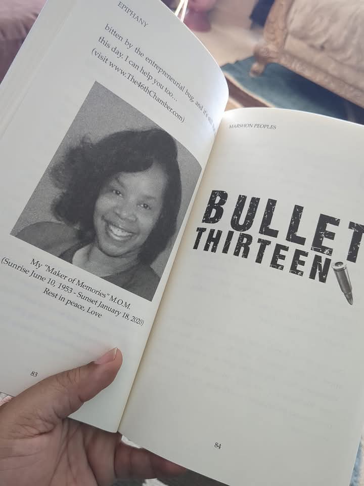 Open book showing a black and white photo of a smiling woman and the title 'BULLET THIRTEEN'.