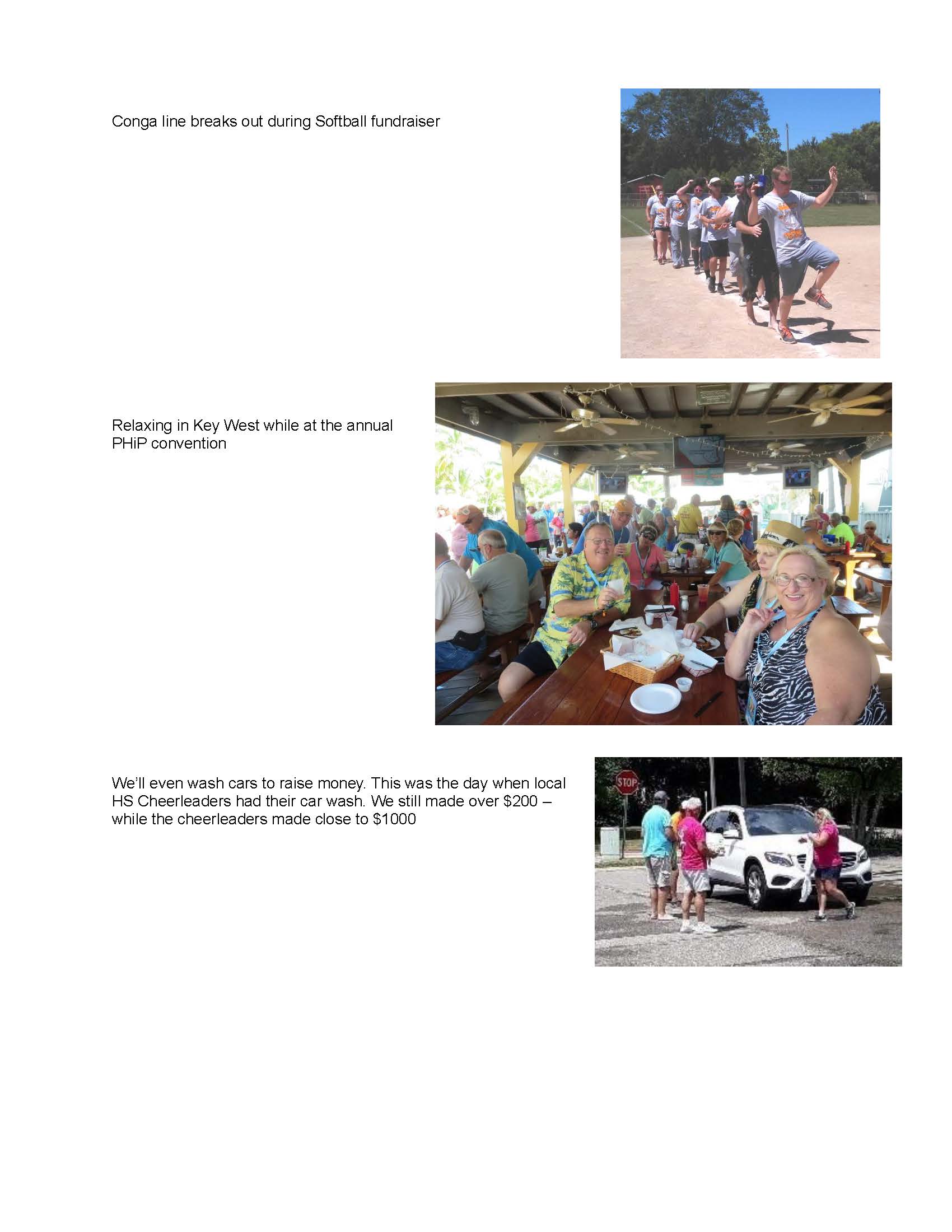 Group of children playing softball outdoors, people dining at a restaurant, and a person with a dog near a car, all in outdoor settings.