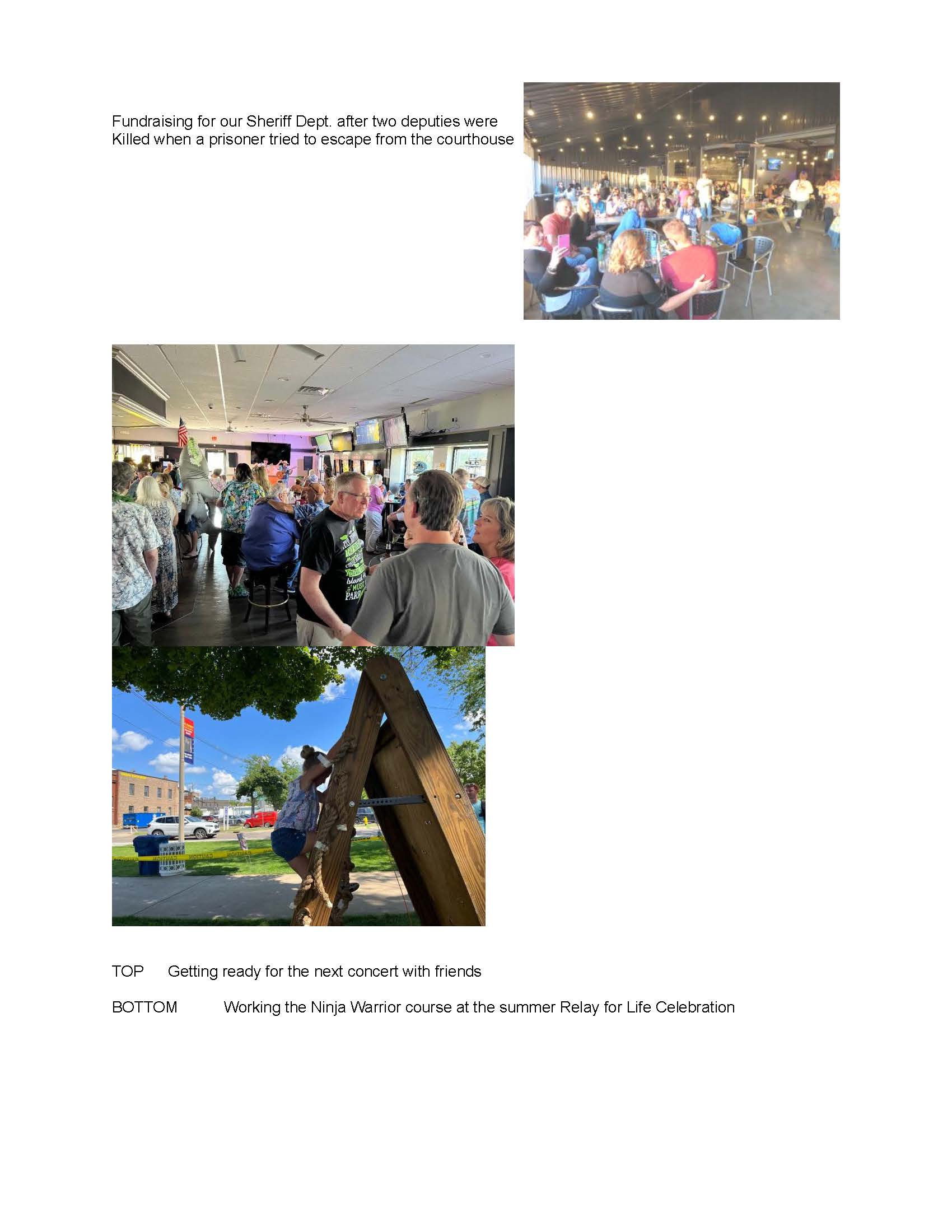 People gathered indoors and outdoors, preparing for an event, with a stage, crowd, and outdoor sculpture, in a community setting.