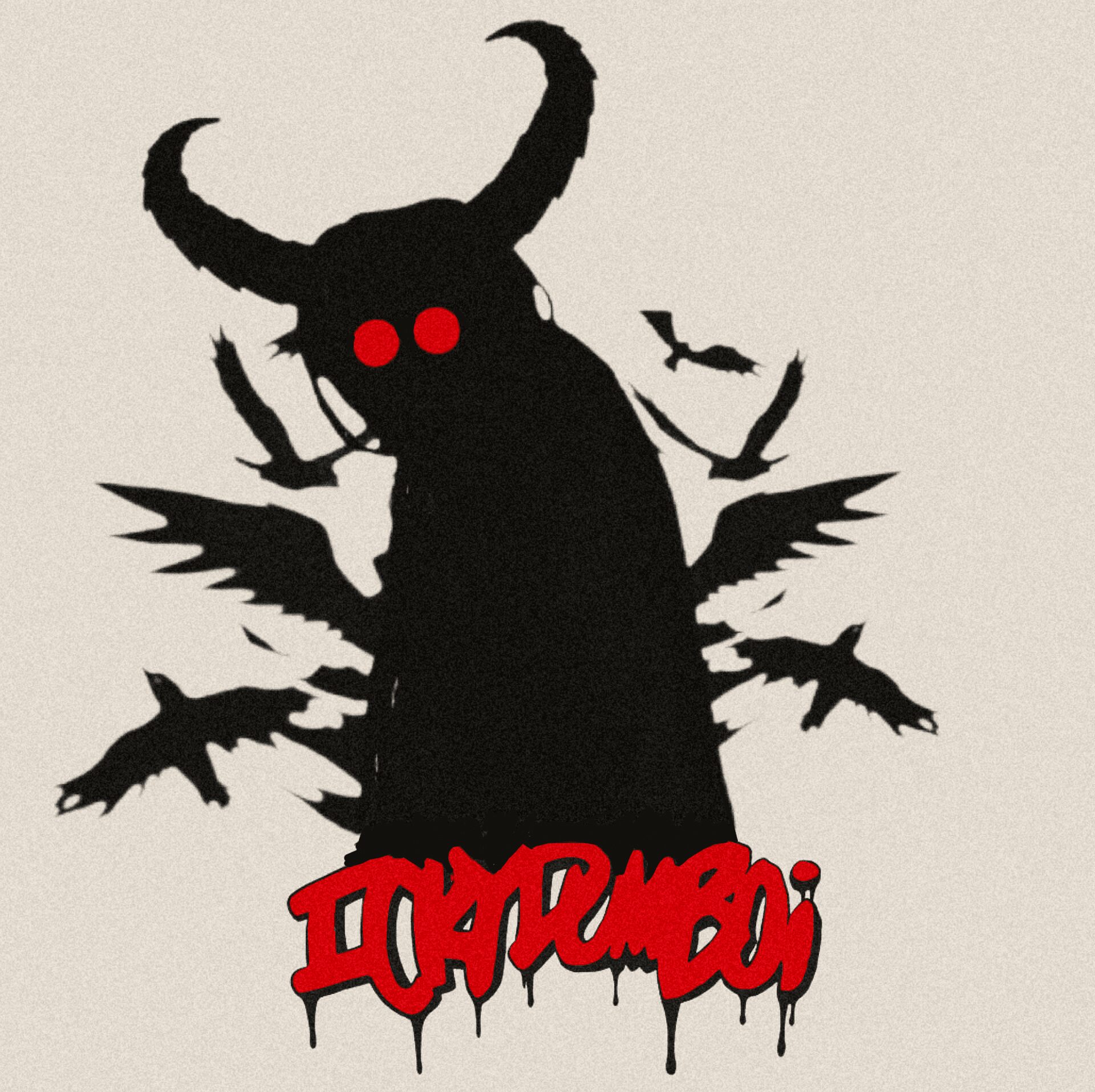 Black creature with horns and red eyes, with red graffiti-style text below, on a light background.