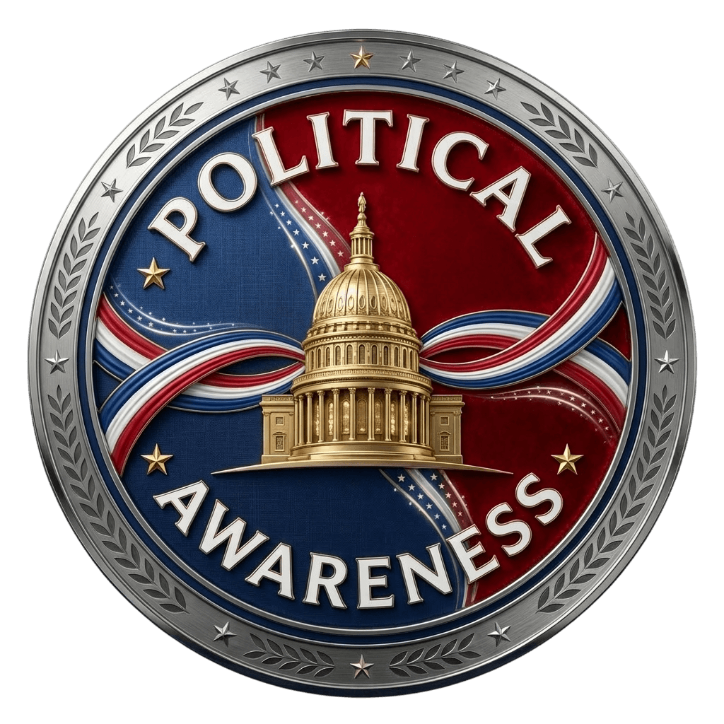 Circular emblem with a gold Capitol building, red and blue background, and the words 'Political Awareness' around the edge.