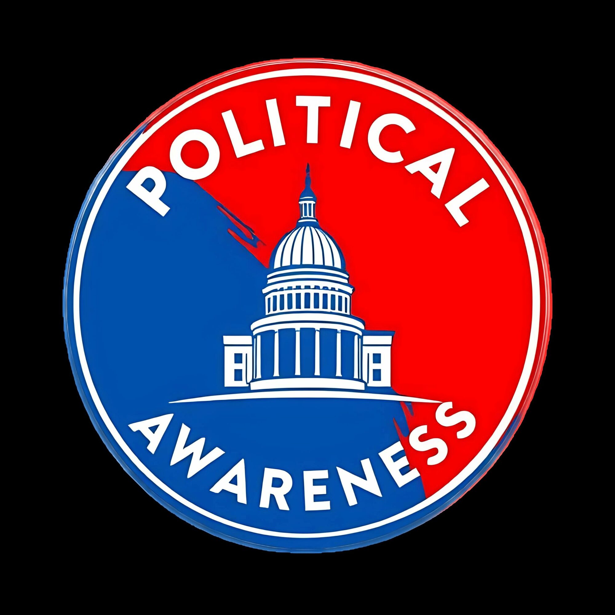 Circular logo with red and blue background, featuring a white Capitol building and the words 'POLITICAL AWARENESS'.
