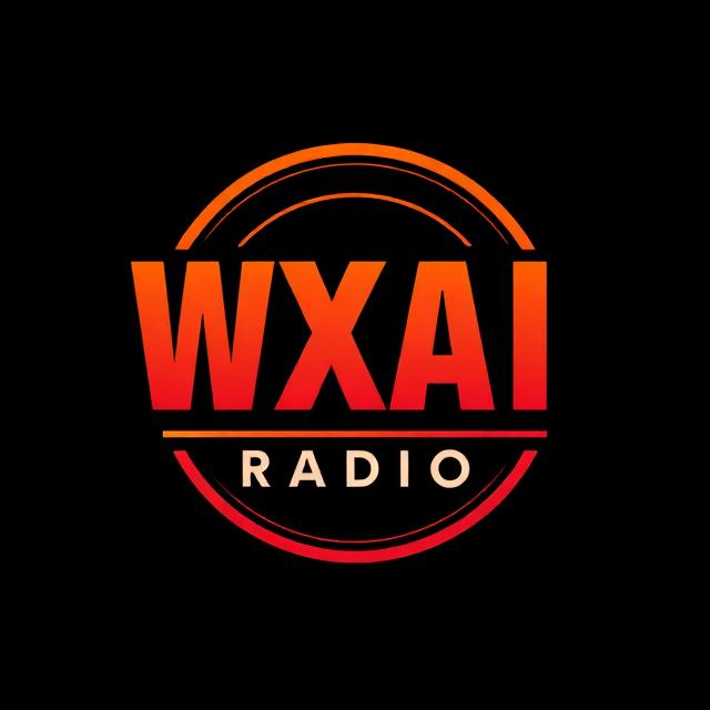 Radio station logo with orange and red text WXAI RADIO on black background.