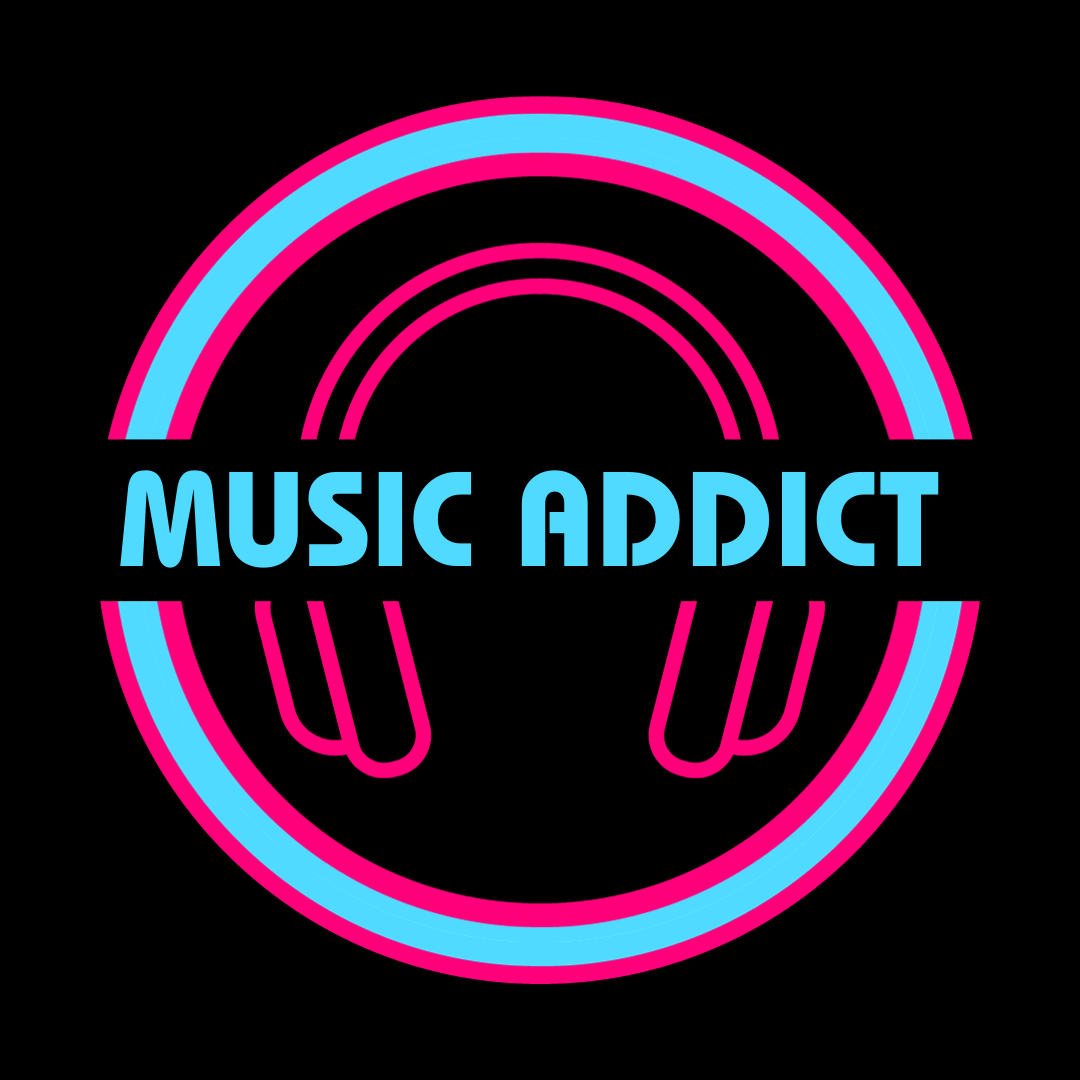 Colorful logo with concentric circles, headphones, and the text 'Music Addict' in blue and pink on black background.