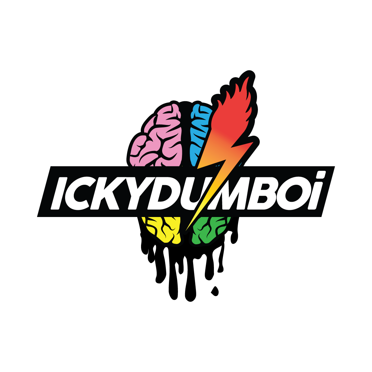 Colorful brain with lightning bolt and dripping paint, with bold text overlay, on a white background.