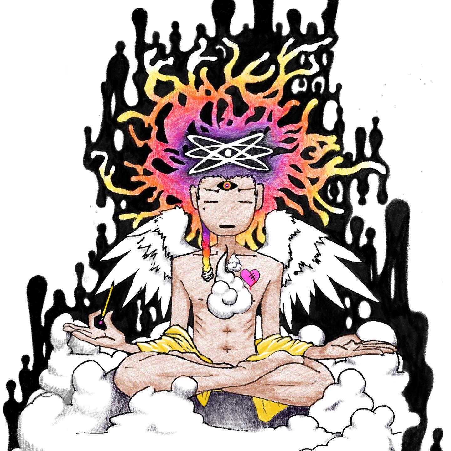 Person with colorful hair, angel wings, sitting cross-legged with hands in meditation, surrounded by clouds and black abstract background.