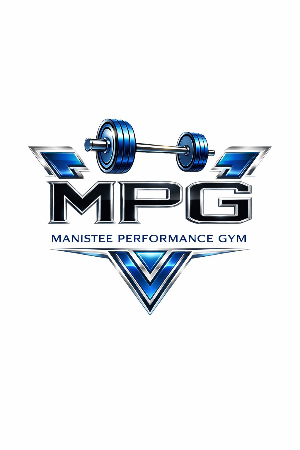 Logo with a barbell, text 'MPG', and a triangle with 'Manistee Performance Gym' below, in blue and black.