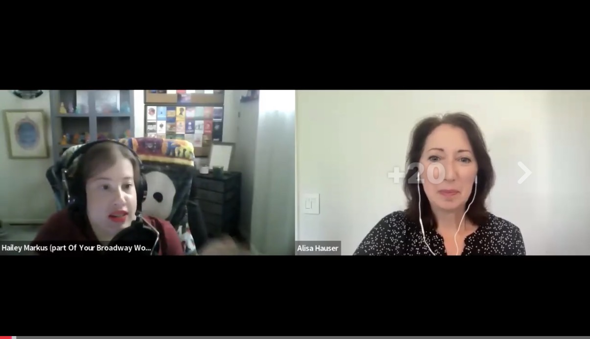 Two women are in a video call, one with headphones and a bookshelf background, the other with a plain wall background.