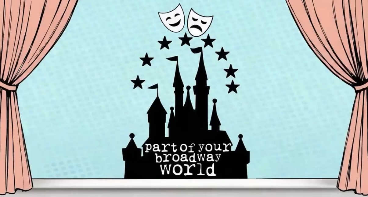 The image shows a castle with comedy and tragedy masks above it, surrounded by stars, with curtains on sides and a blue background.