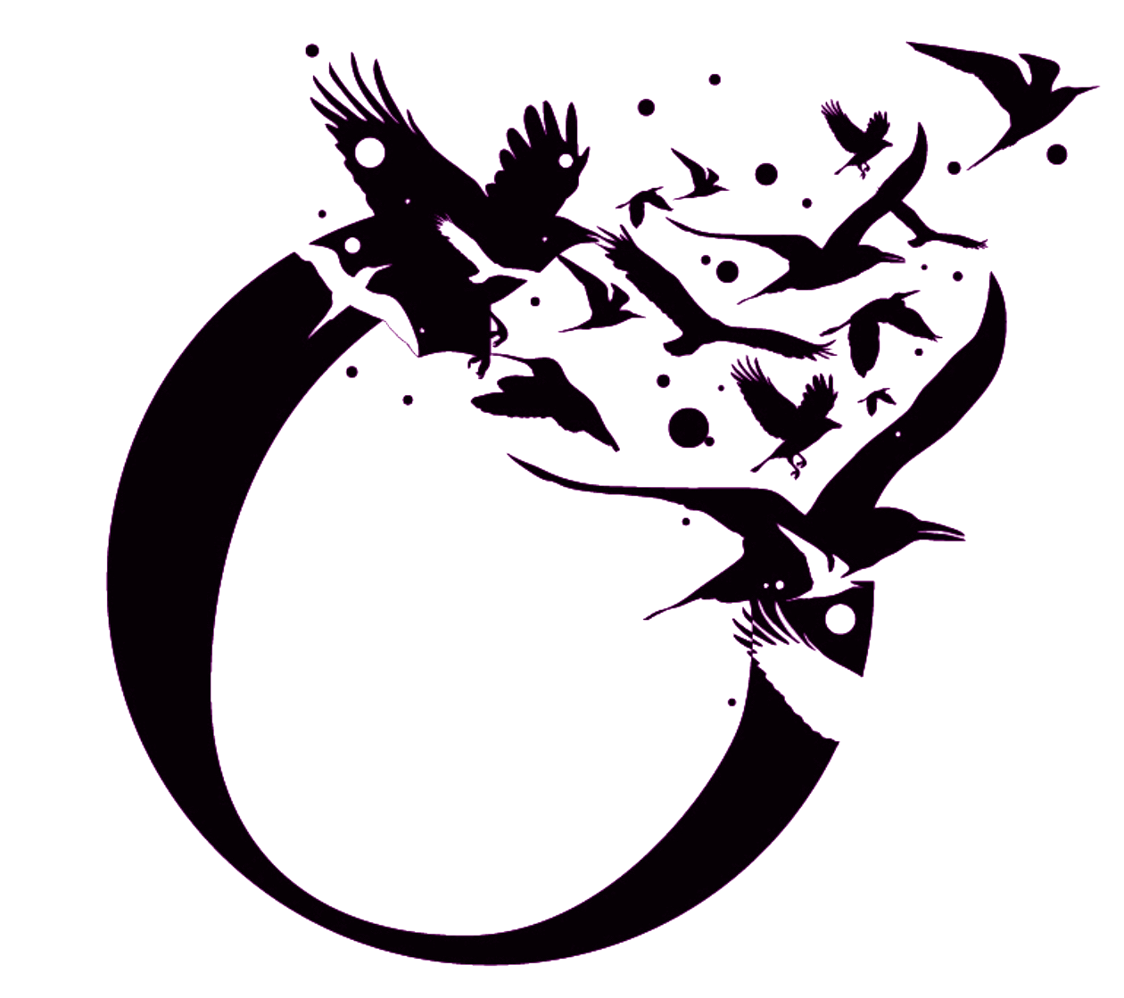 Outline of birds flying in a circular pattern against a black background, with small circles around them.