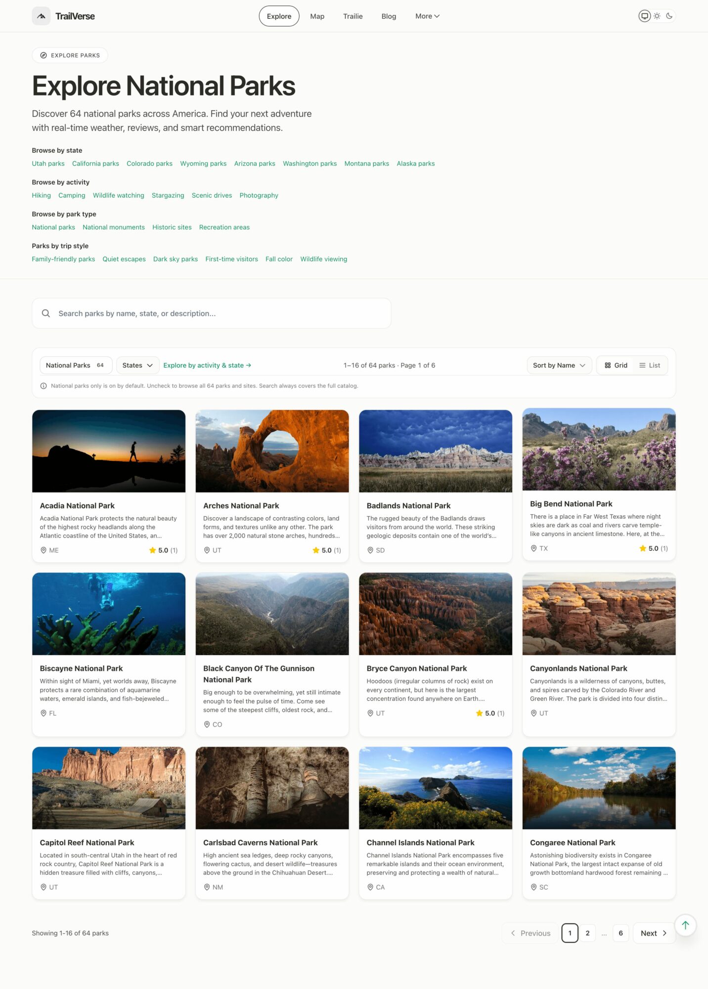 Screenshot of a webpage titled 'Explore National Parks' with images of various parks, landscapes, and natural scenery.