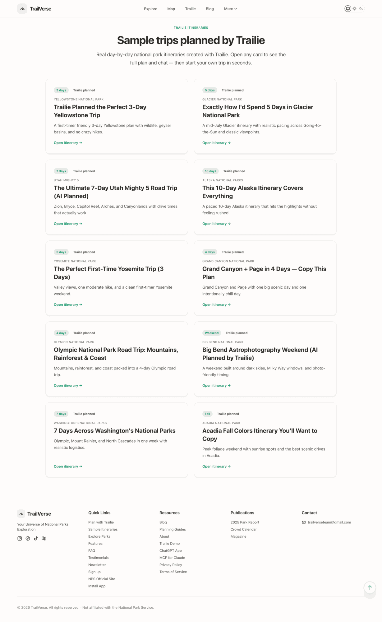 Screenshot of a webpage titled 'Sample trips planned by Traile' with various travel articles listed, each with a title and brief description.