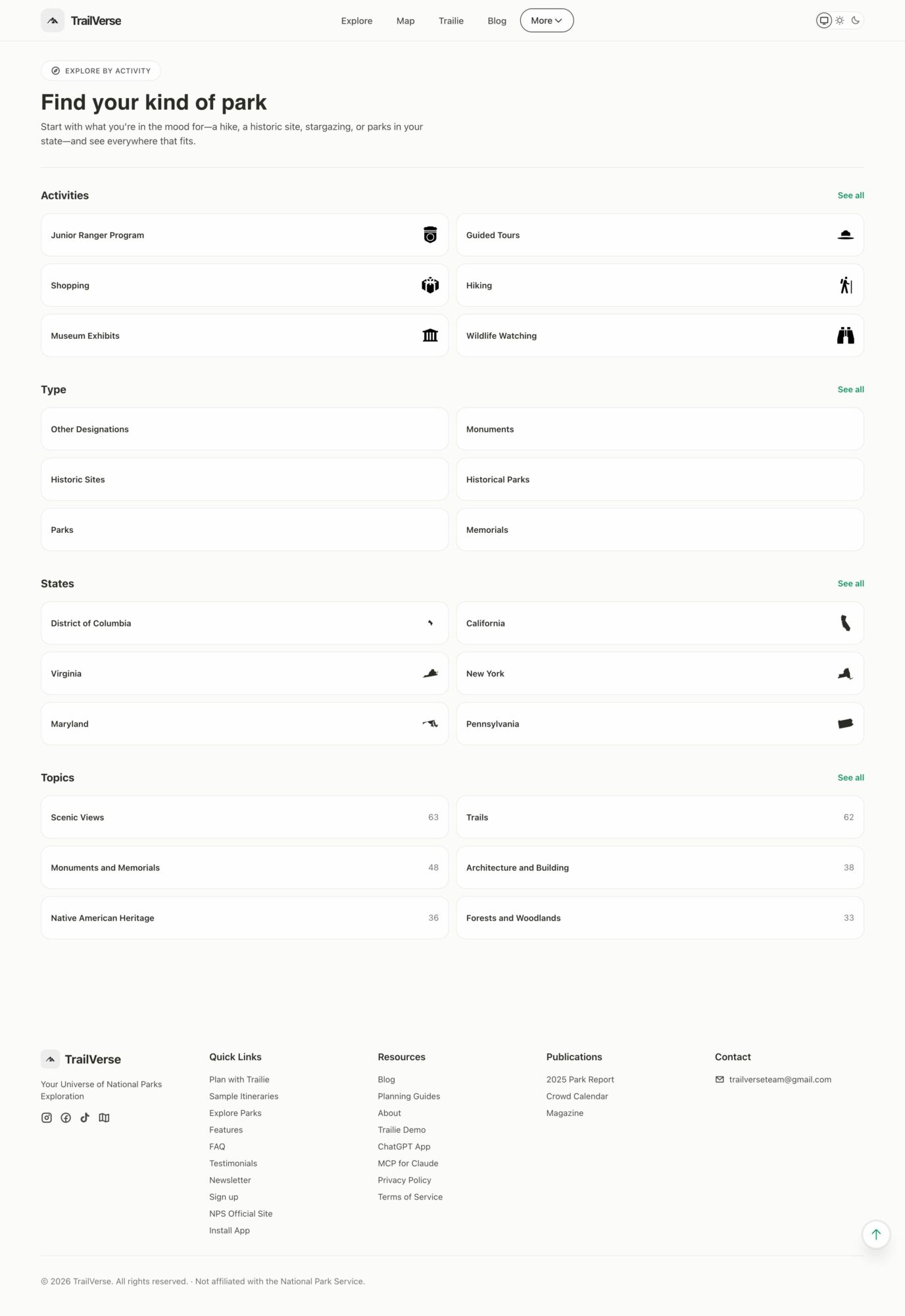 A form titled 'Find your kind of park' with fields for location, type, size, and amenities, in black text on white background.