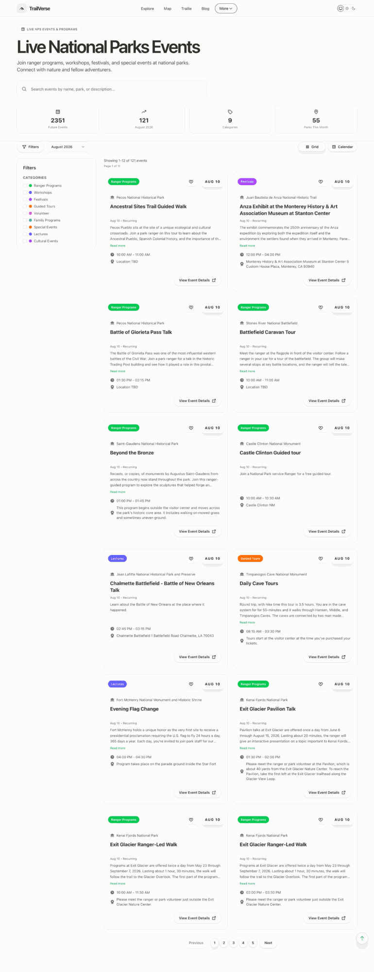 Schedule of live National Parks events with dates, times, and descriptions, organized in columns and color-coded sections.