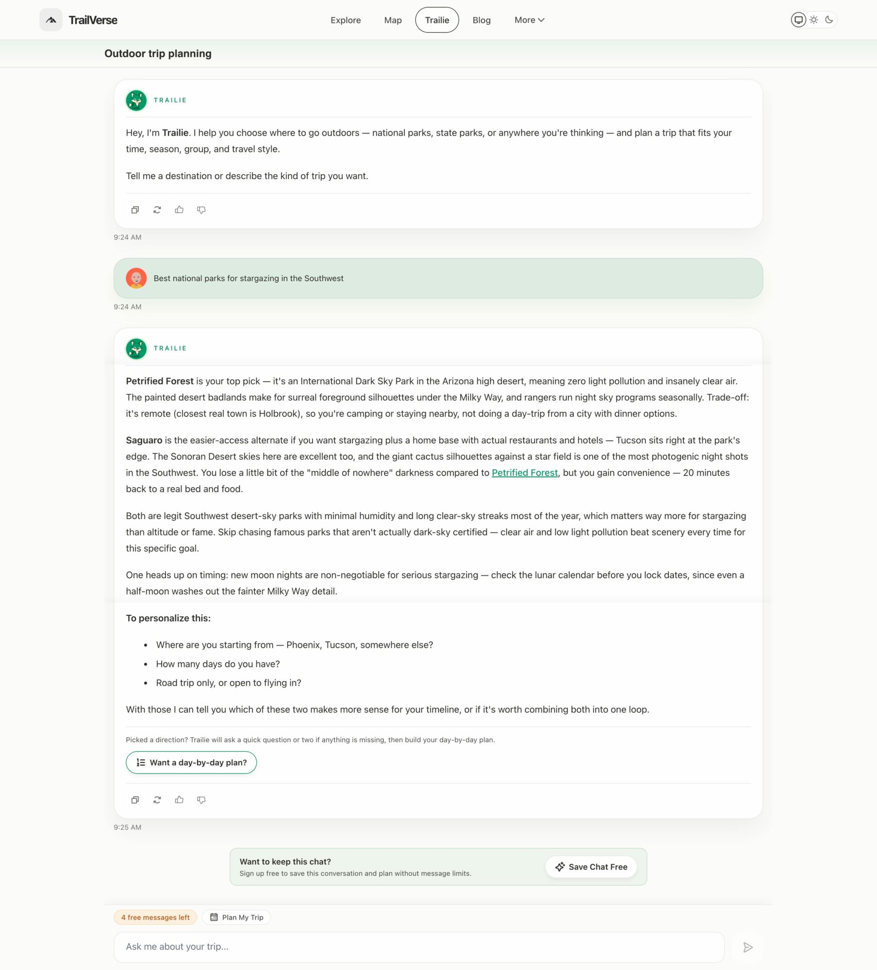 Screenshot of a webpage with outdoor trip planning information, including text and icons, on a white background.