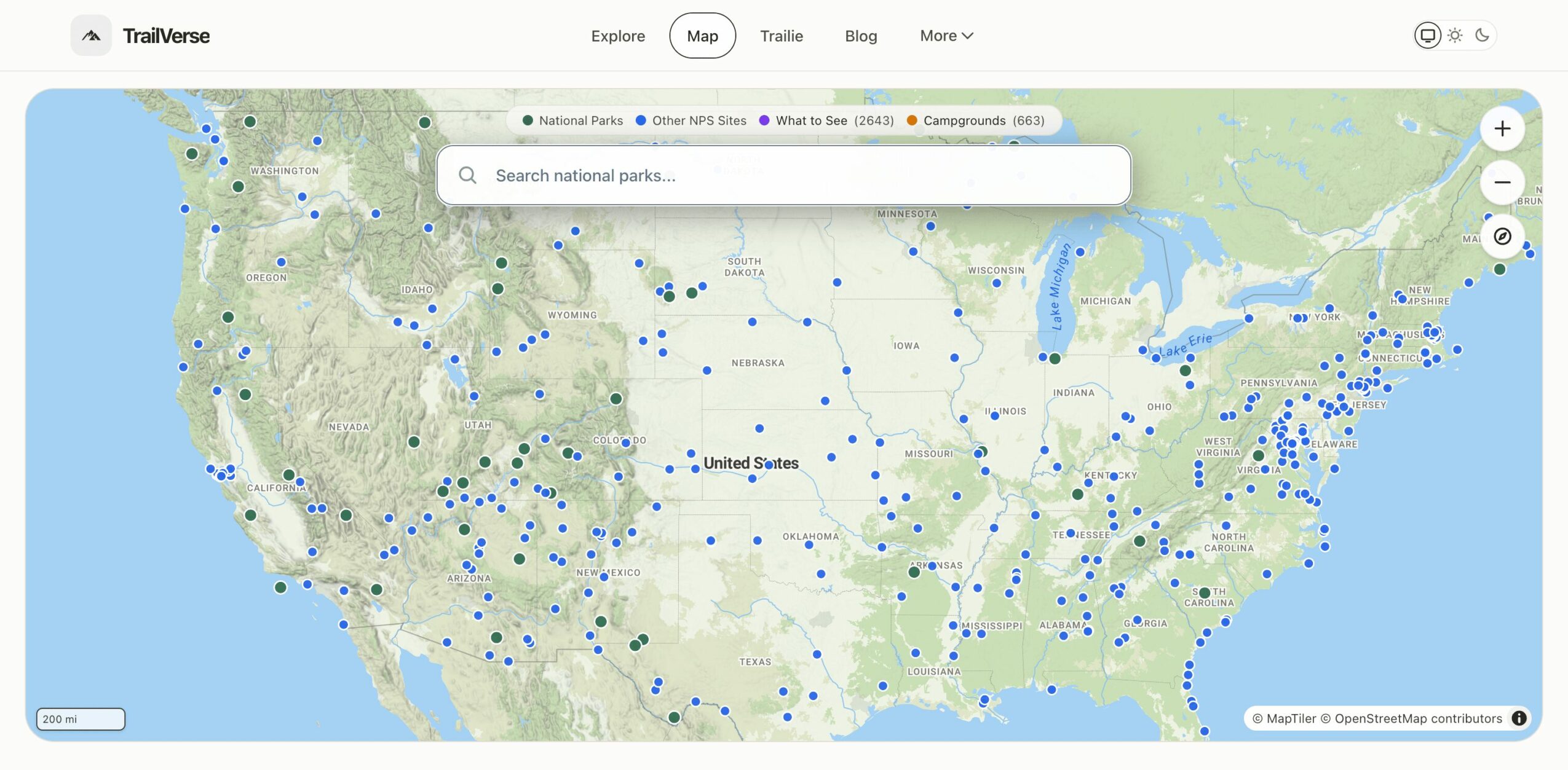 Map of the United States with numerous blue dots indicating locations across the country.