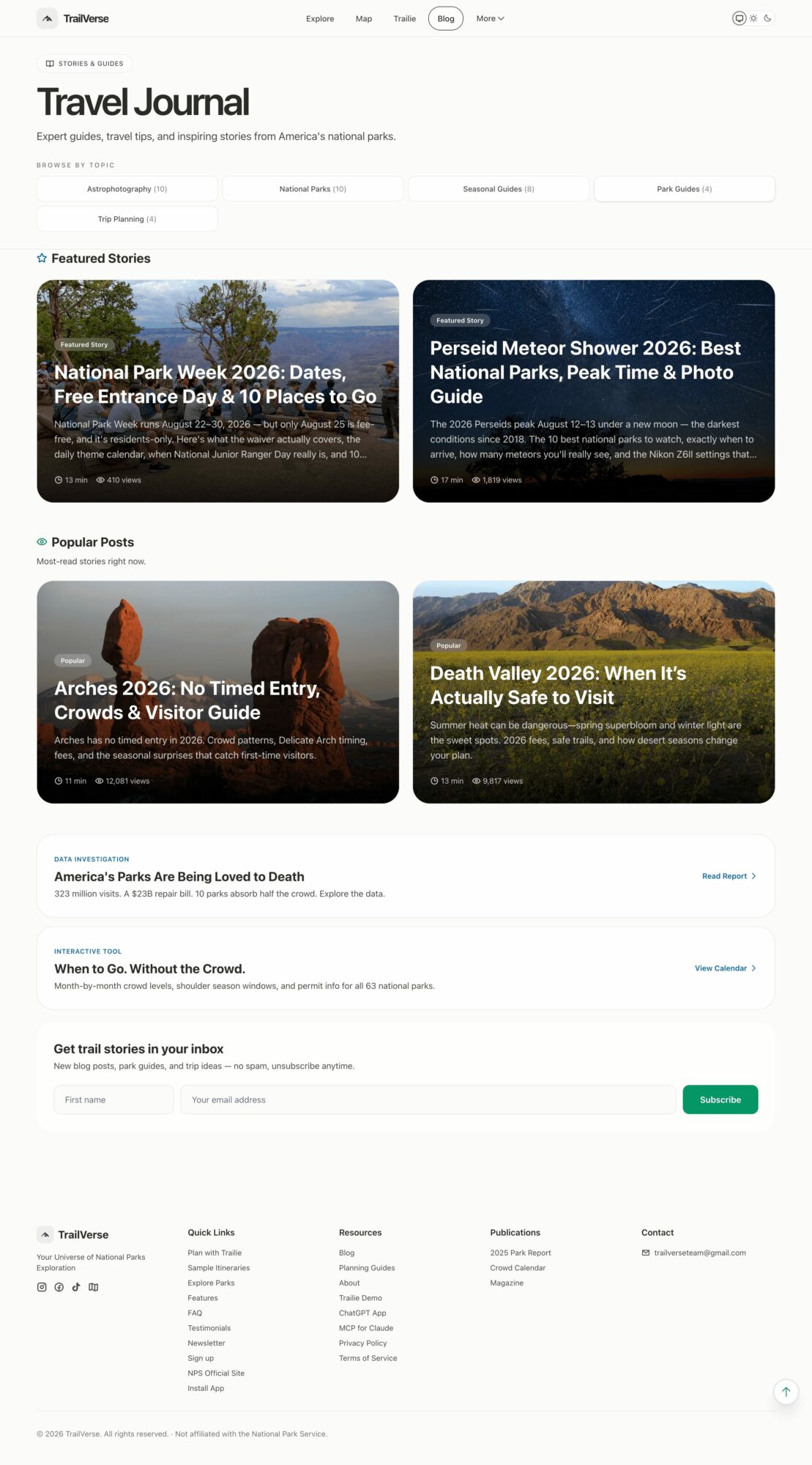 Travel journal webpage with articles and images about weather, travel tips, and events.