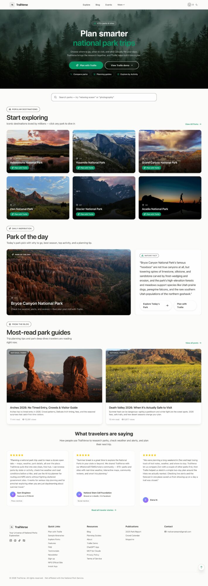 Website homepage with a forest background, navigation menu, search bar, and sections for exploring parks and guides.