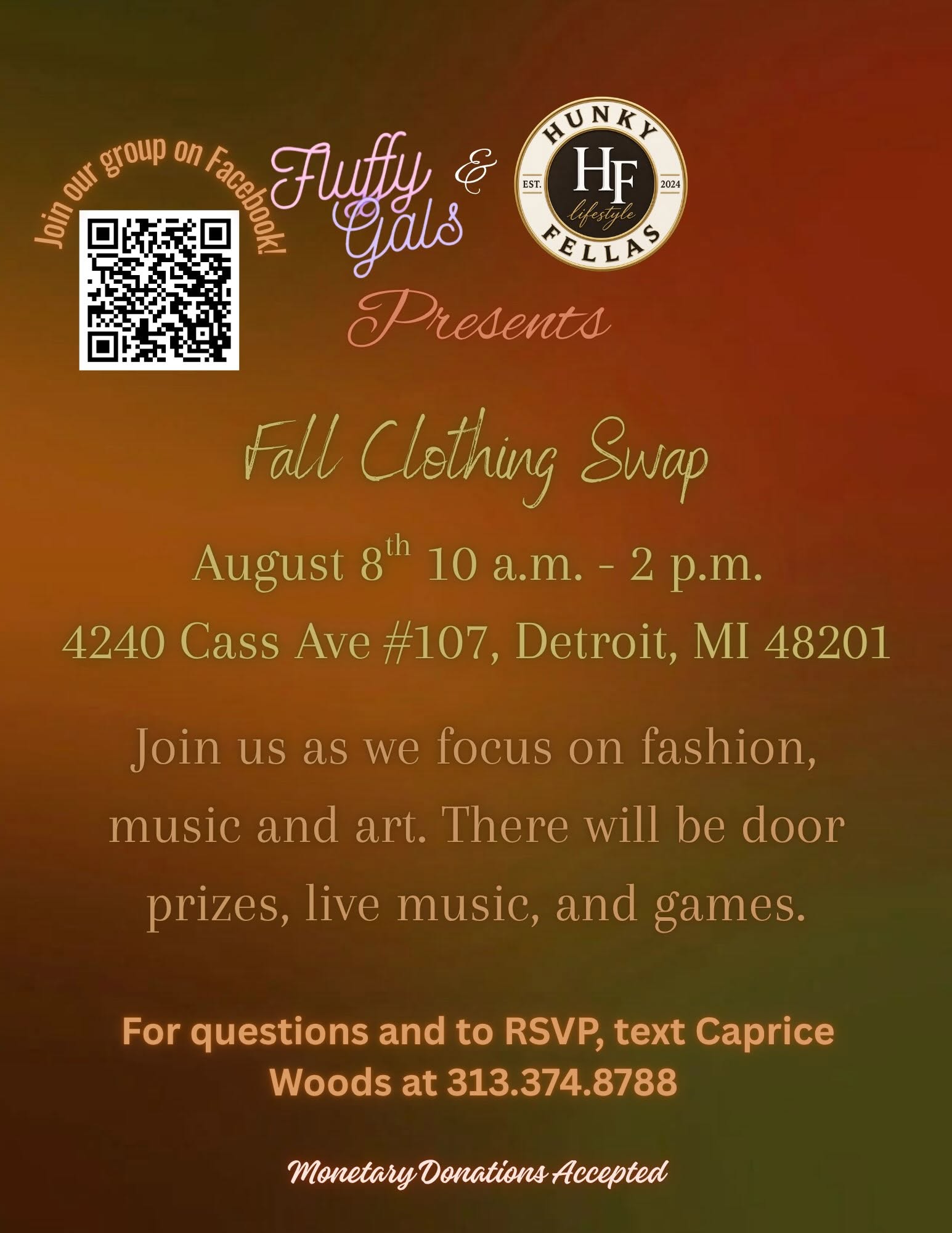 Event flyer for fall clothing swap on August 8th from 10 a.m. to 2 p.m. at 4240 Cass Ave, Detroit, MI.
