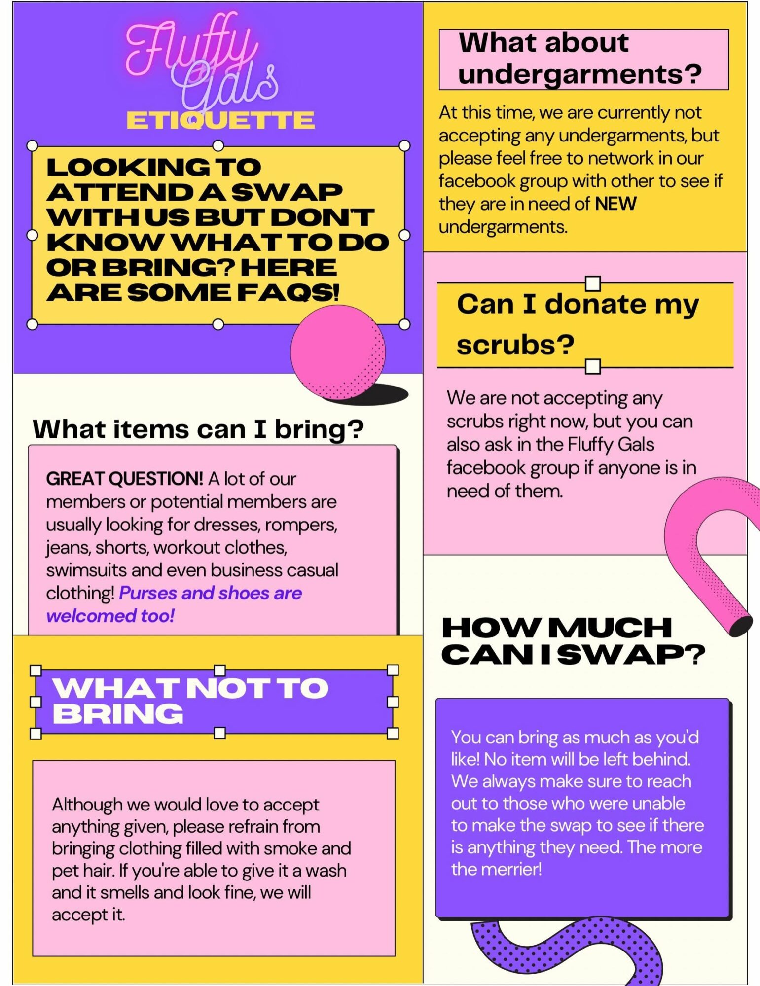 Collage of colorful text boxes with questions about undergarments, donations, and shopping, with a purple and pink wavy line at the bottom.