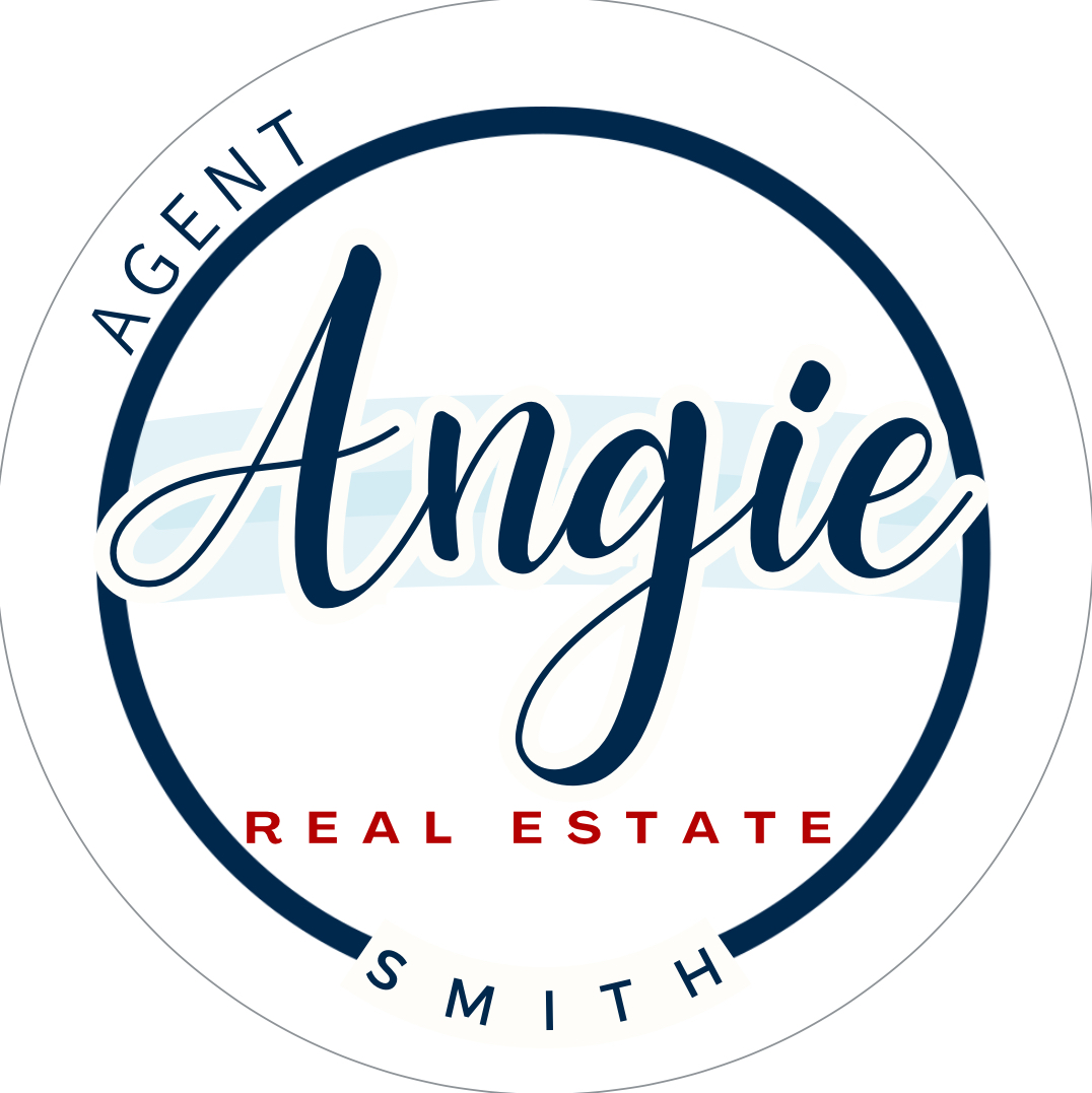 Logo with the name Angie, agent, and real estate, with a circular design and text, on a white background.