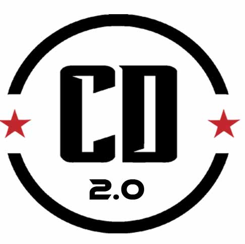 Circular logo with bold 'CD' and '2.0' inside, two red stars on sides, black and white design.