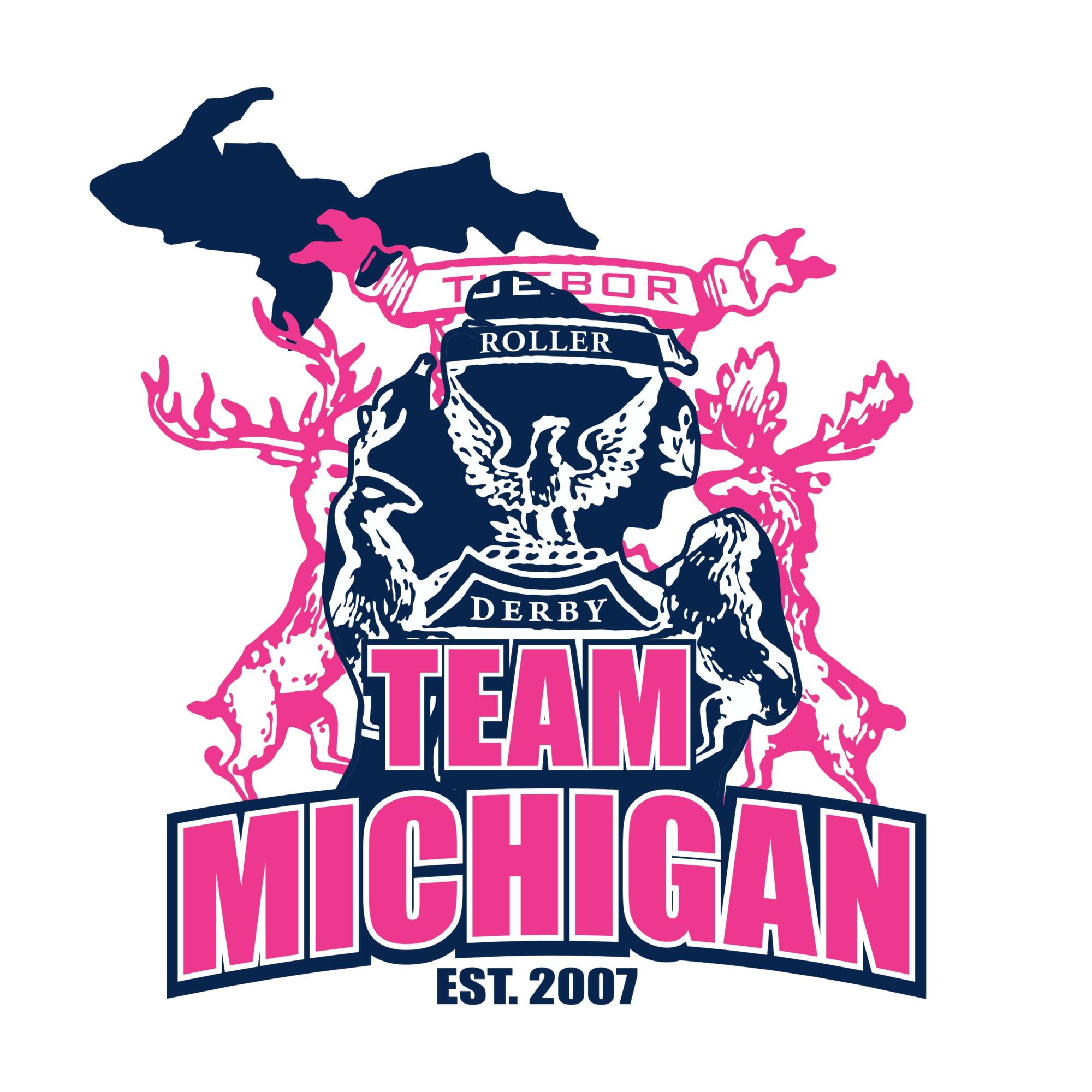 Logo with a bear, deer, and trees, featuring text about Michigan team, derby, and roller, with a map outline and year 2007.