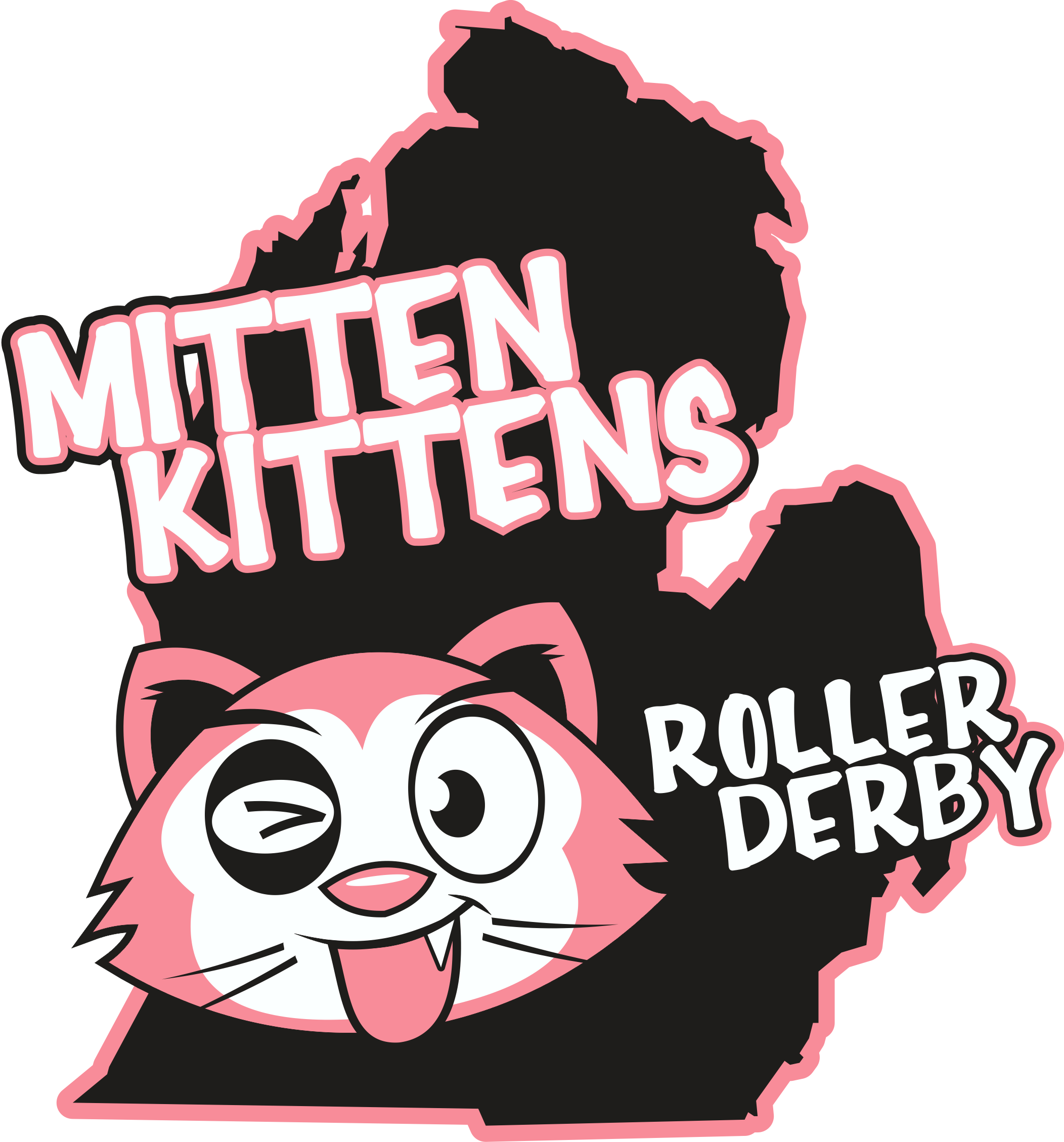 Silhouette of a cat's head with a cartoon cat face, text 'MITTEN KITTENS' and 'ROLLER DERBY', black background.