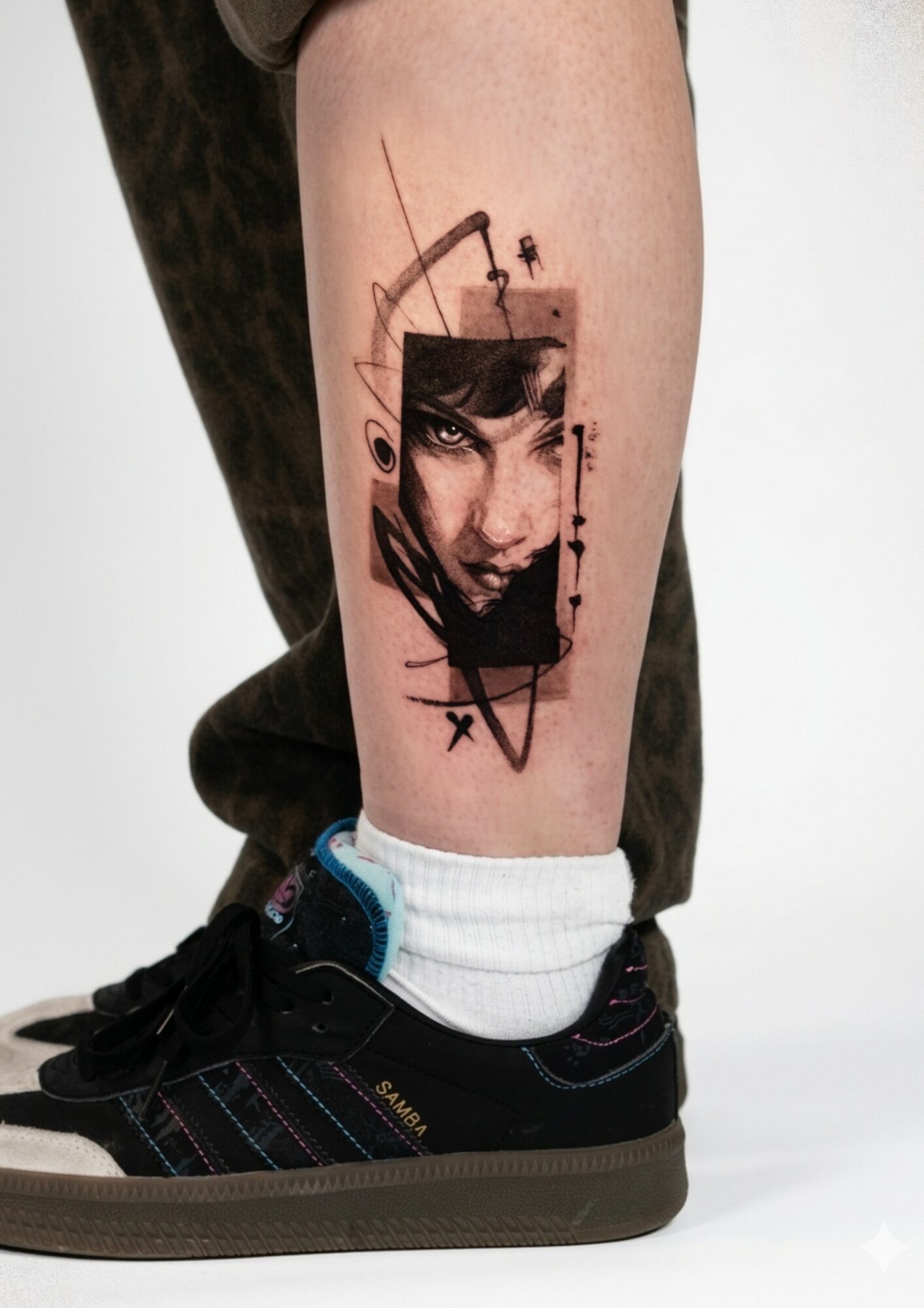Tattoo of a woman's face with abstract lines and shapes on a person's calf, wearing a black sneaker and white sock.