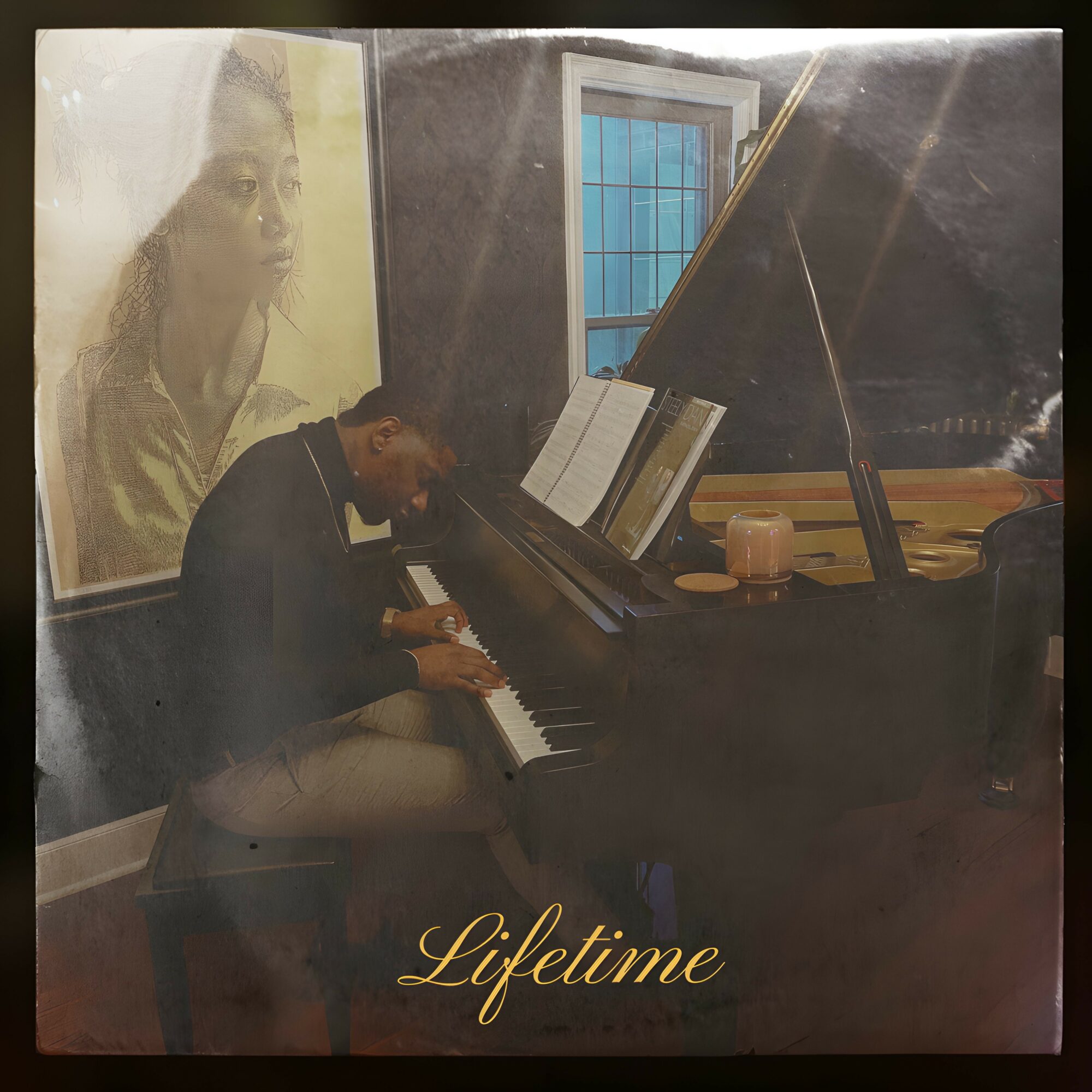 Person playing grand piano in a room with a window and a large portrait on the wall, with the word 'Lifetime' written below.