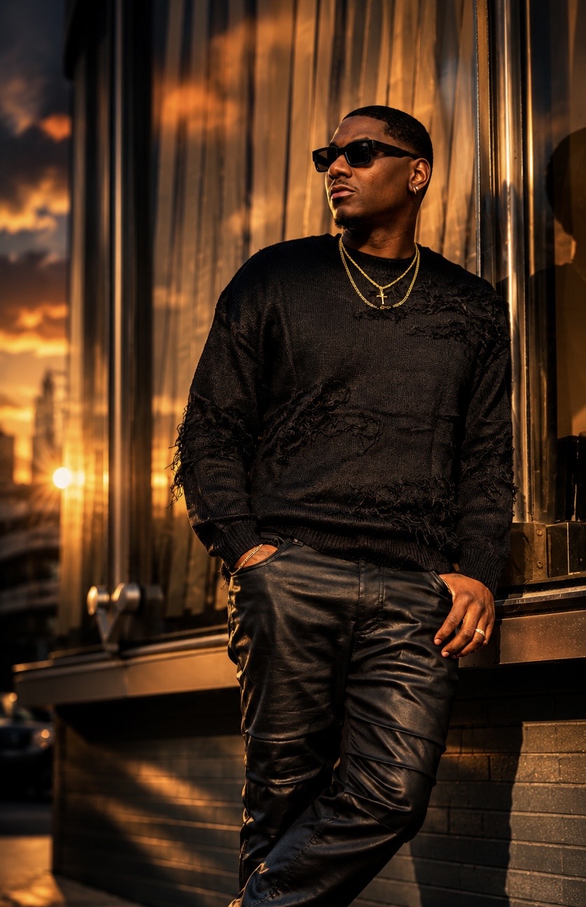 Man wearing sunglasses, black jacket, and gold chains stands outdoors during sunset, with a reflective window behind him.