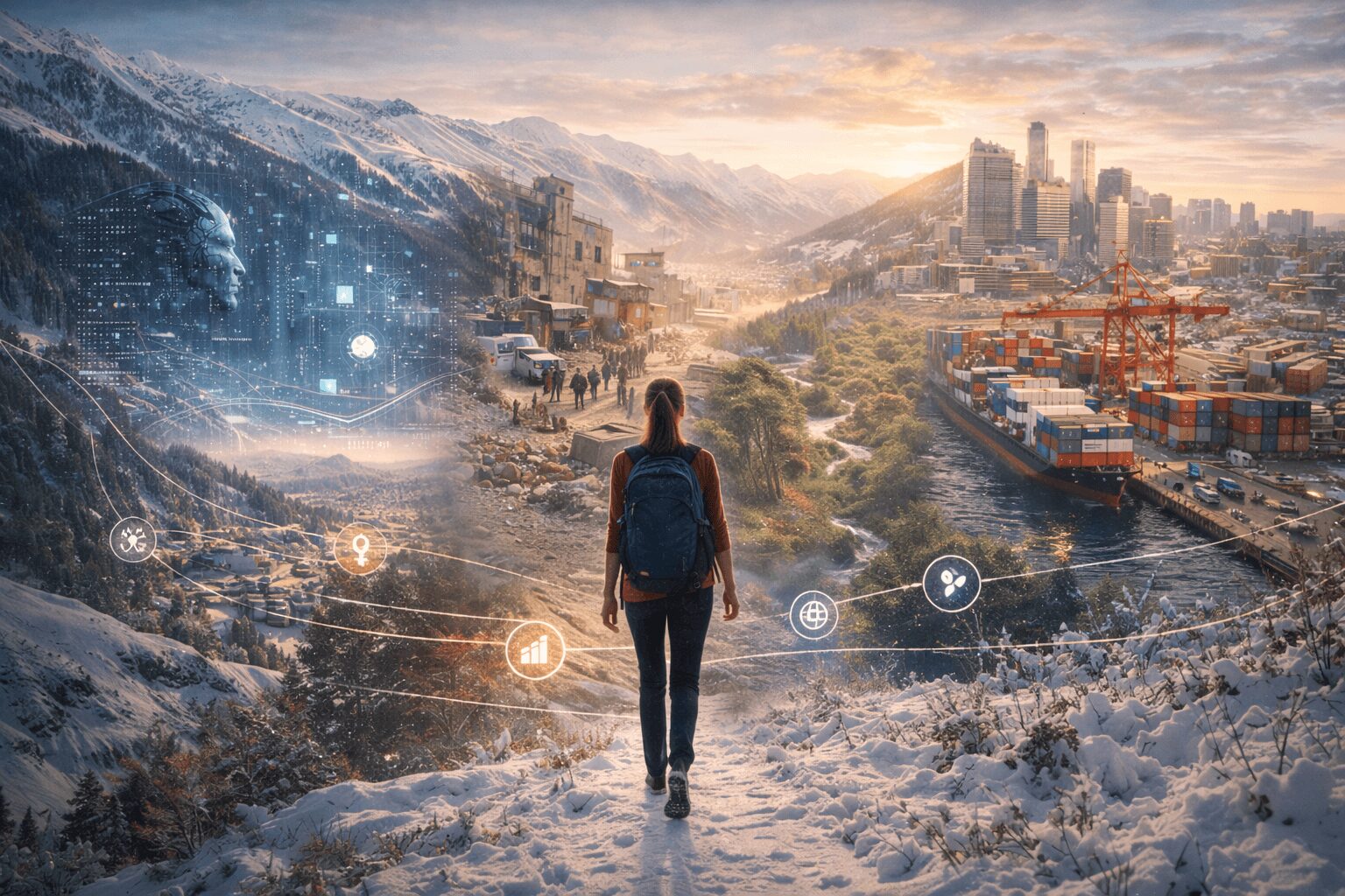Person with backpack standing on snowy landscape overlooking a city and mountains at sunset.
