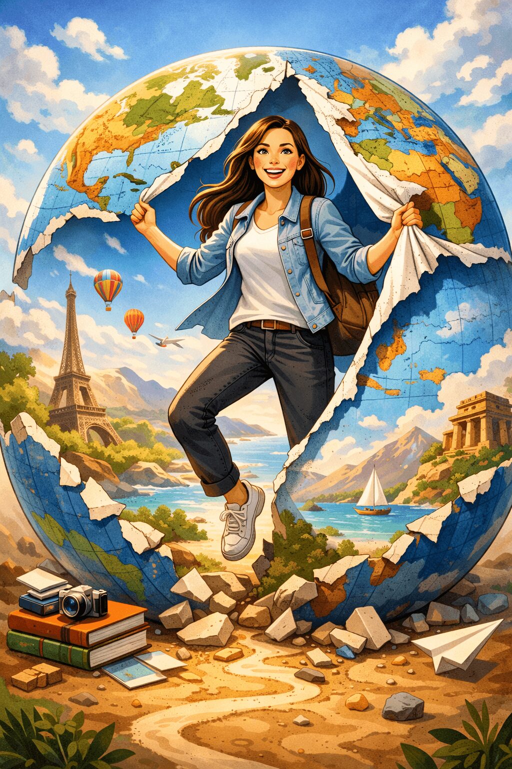 Young woman breaking through a large world globe, with landmarks and travel items around her, smiling happily.