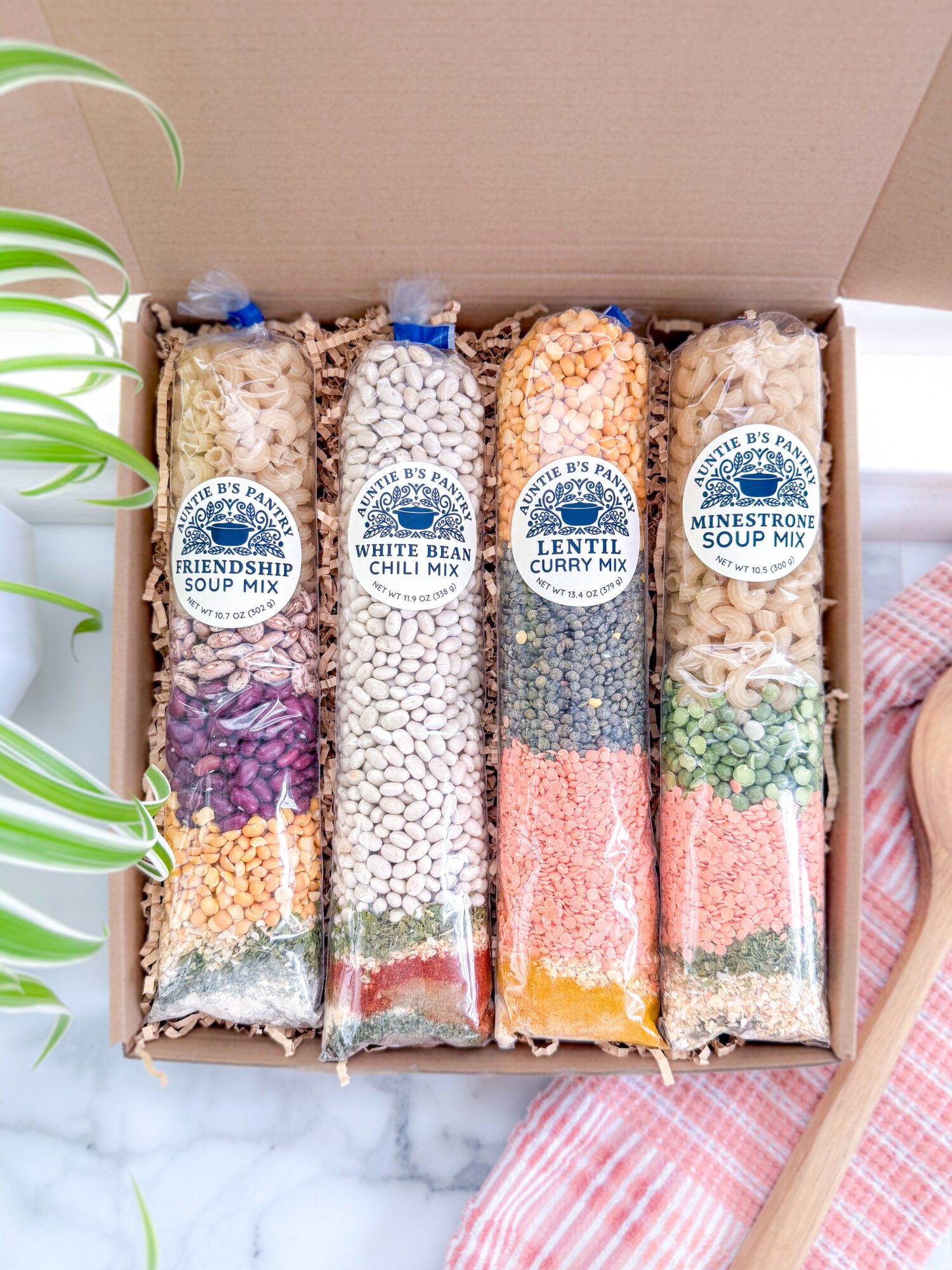 Four bags of soup mix with labels, arranged in a row inside a cardboard box, with a plant and cloth nearby.