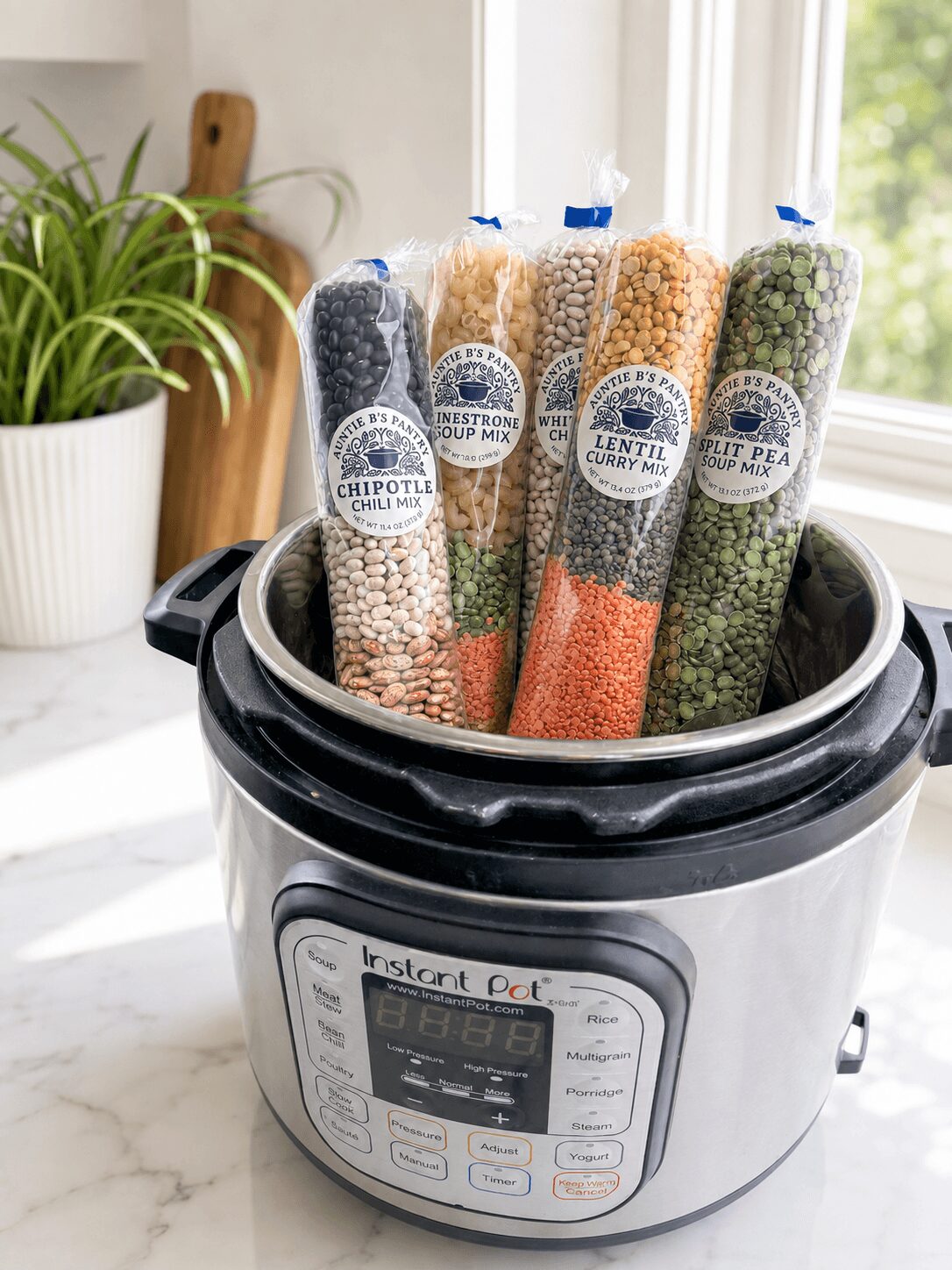 Multi-colored lentil and bean packages inside a slow cooker on a kitchen counter, with a plant and cutting board in the background.