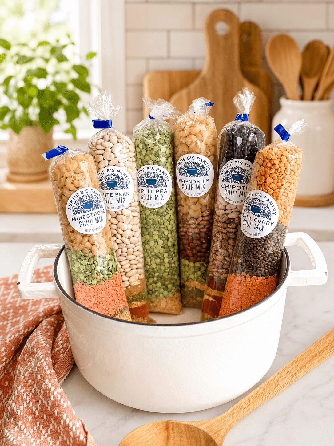 White bowl filled with colorful packaged grains on a kitchen counter, with a plant and wooden utensils in the background.